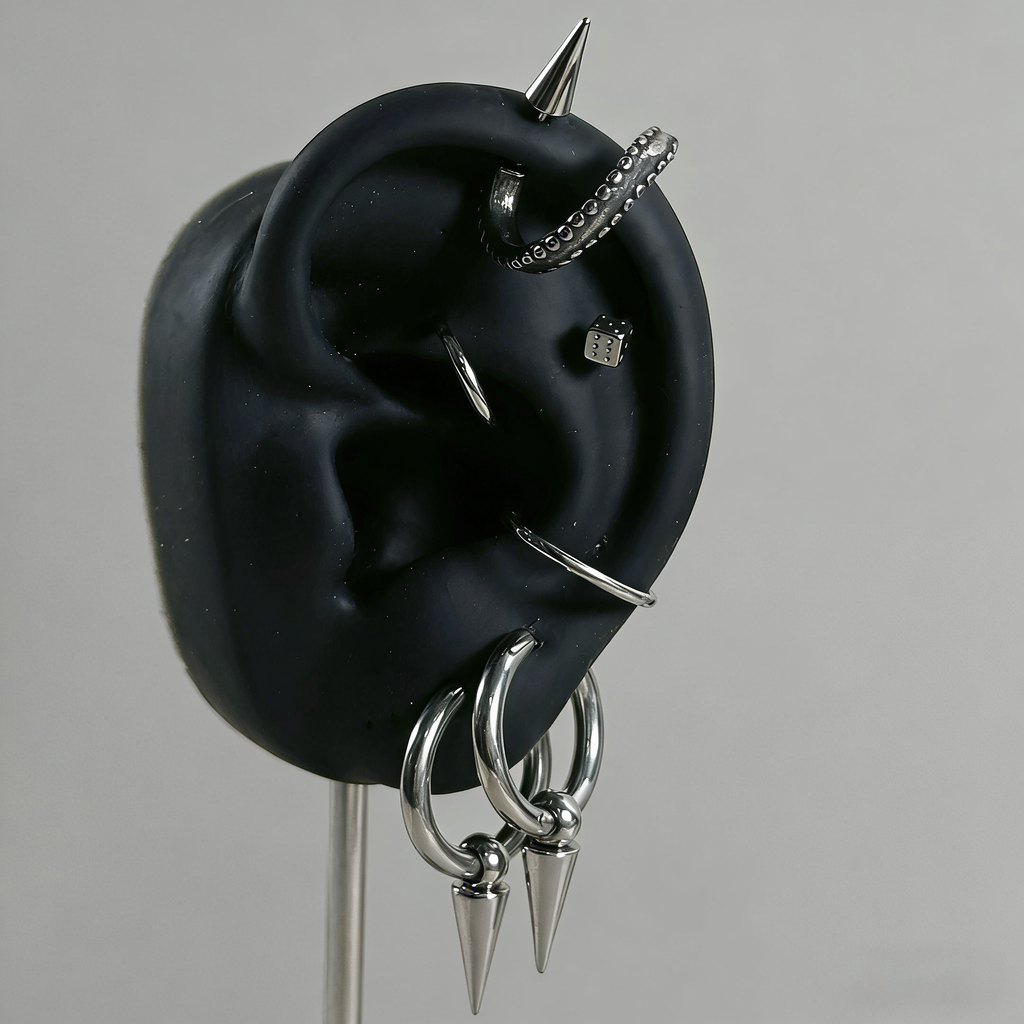 Cyberpunk Spiked Tentacle & Dice Ear Stack Silver Earring Set