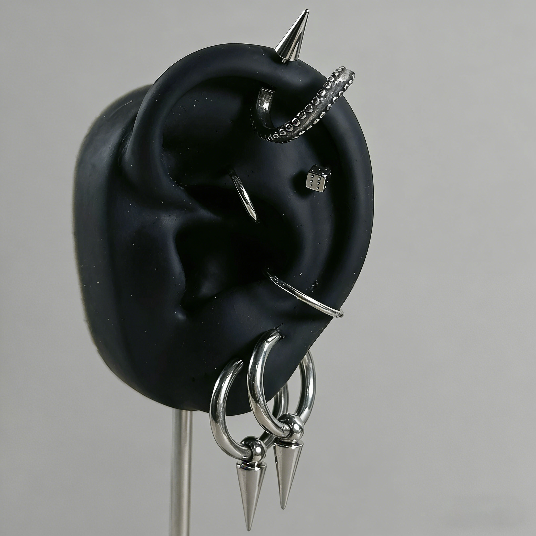 Cyberpunk Spiked Tentacle & Dice Ear Stack Silver Earring Set