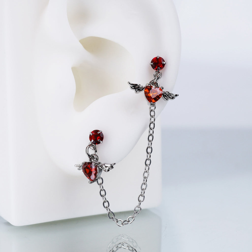 Double CZ Wing Stainless Steel Ear Chain - Double CZ Wing Stainless Steel Ear Chain - Red by CRUXJEWELRY