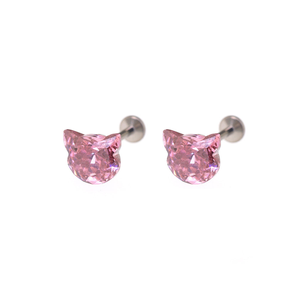 High-Shine CZ Cat Head Internally Threaded Titanium Studs - High-Shine CZ Cat Head Internally Threaded Titanium Studs - Set / Pink / 6mm by CRUXJEWELRY