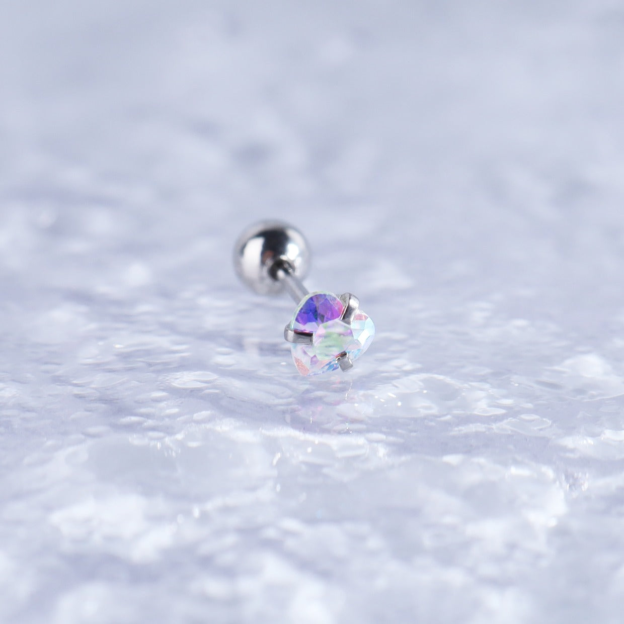 Iridescent Heart CZ Stainless Steel Ball-Back Studs - Iridescent Heart CZ Stainless Steel Ball-Back Studs - AB Coating by CRUXJEWELRY