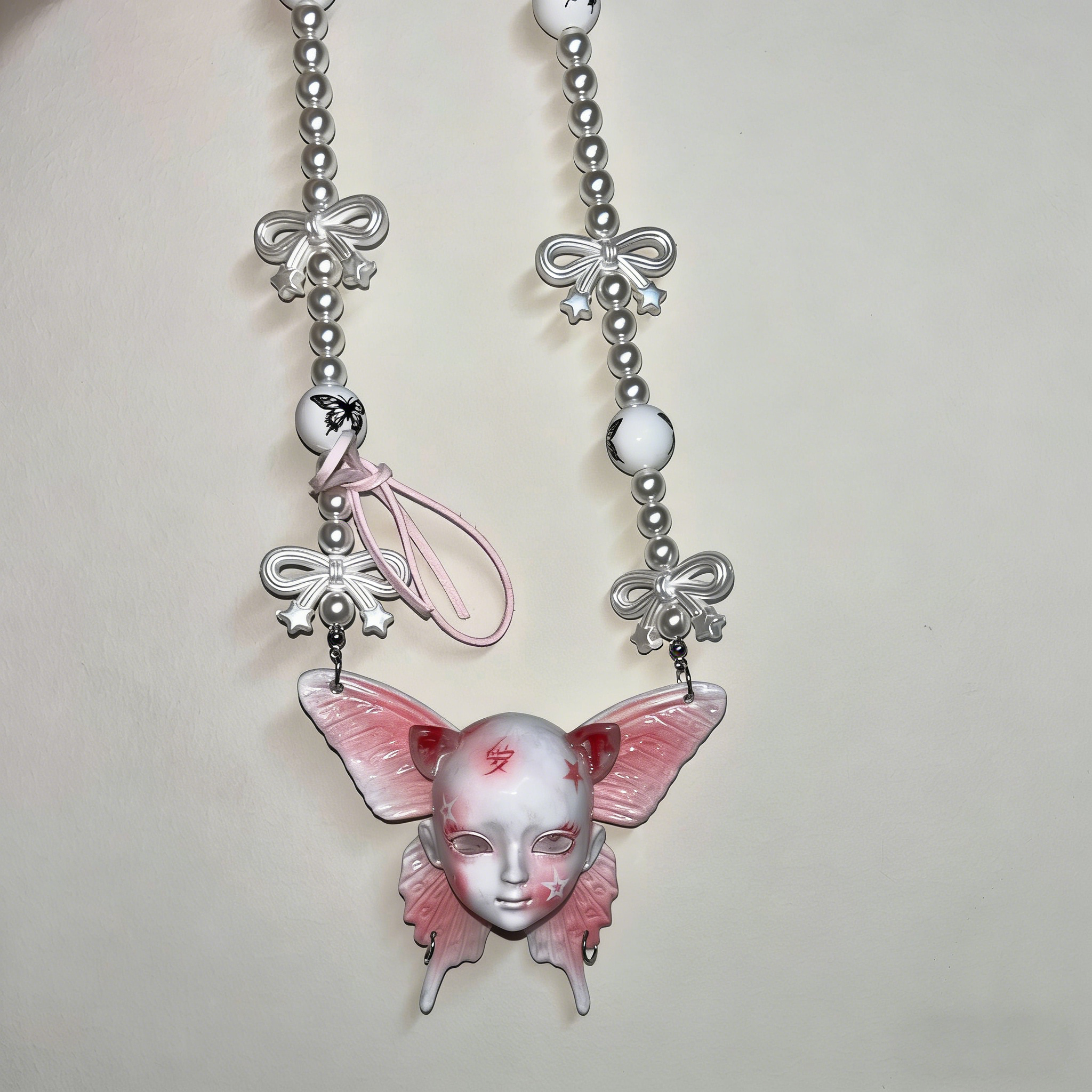 Coquette Pink Butterfly Doll Face Pearl Necklace with Silver Bows & Ribbons