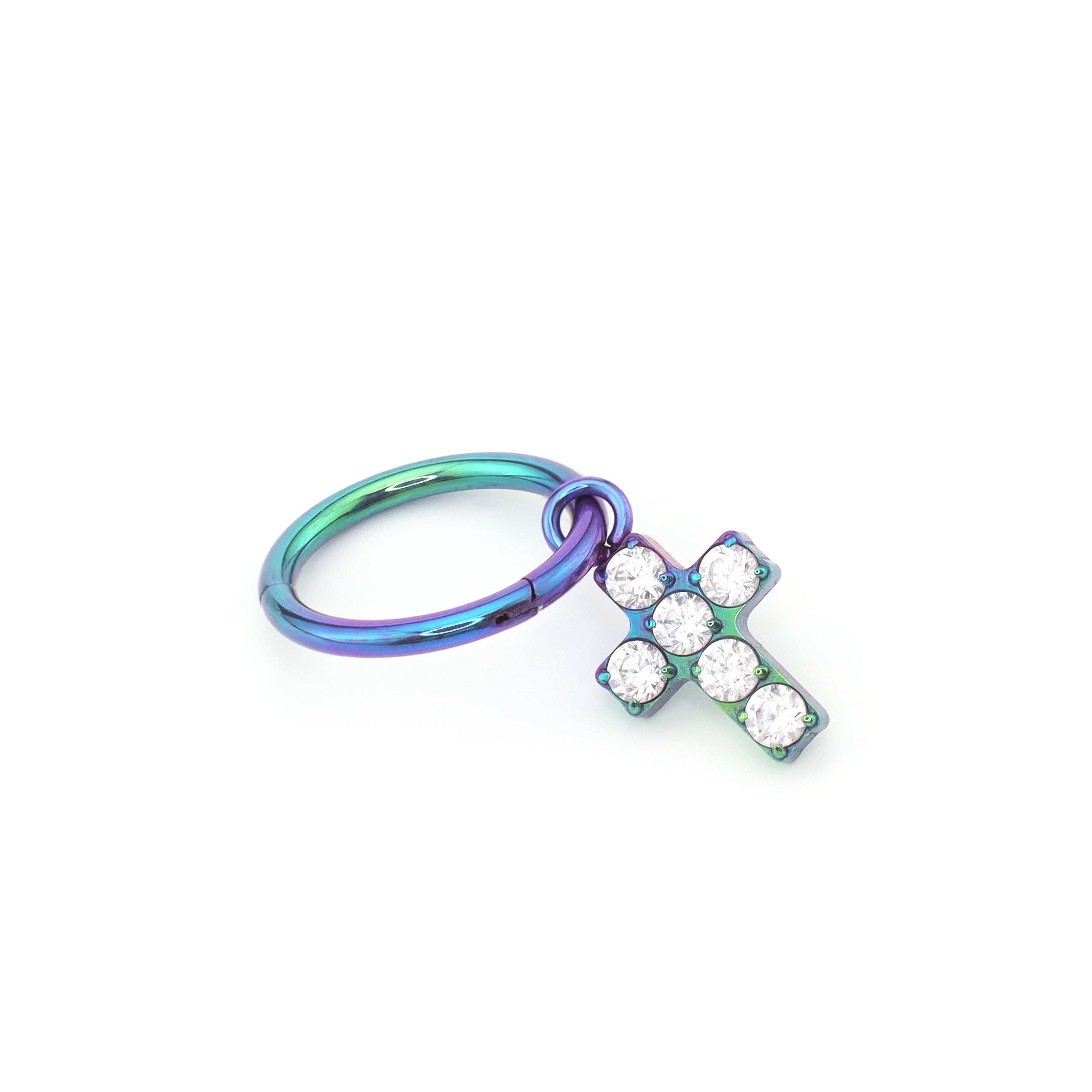 Cross Pendant CZ Titanium Ear Segment Hoop - Cross Pendant CZ Titanium Ear Segment Hoop - Blue-Green Gradient / 6mm by CRUXJEWELRY