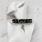 2-in-1 Gothic Black Leather Choker & Wrap Bracelet - Green Dragon Eye Necklace - Gun & Rose Charm - Toxic Punk Style