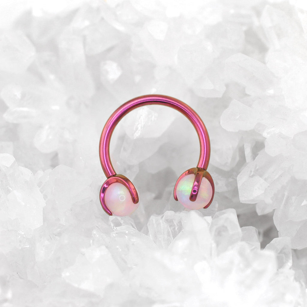 Iridescent Opal Internally Threaded Titanium Horseshoe Ring - Iridescent Opal Internally Threaded Titanium Horseshoe Ring - Light Pink / 8mm by CRUXJEWELRY
