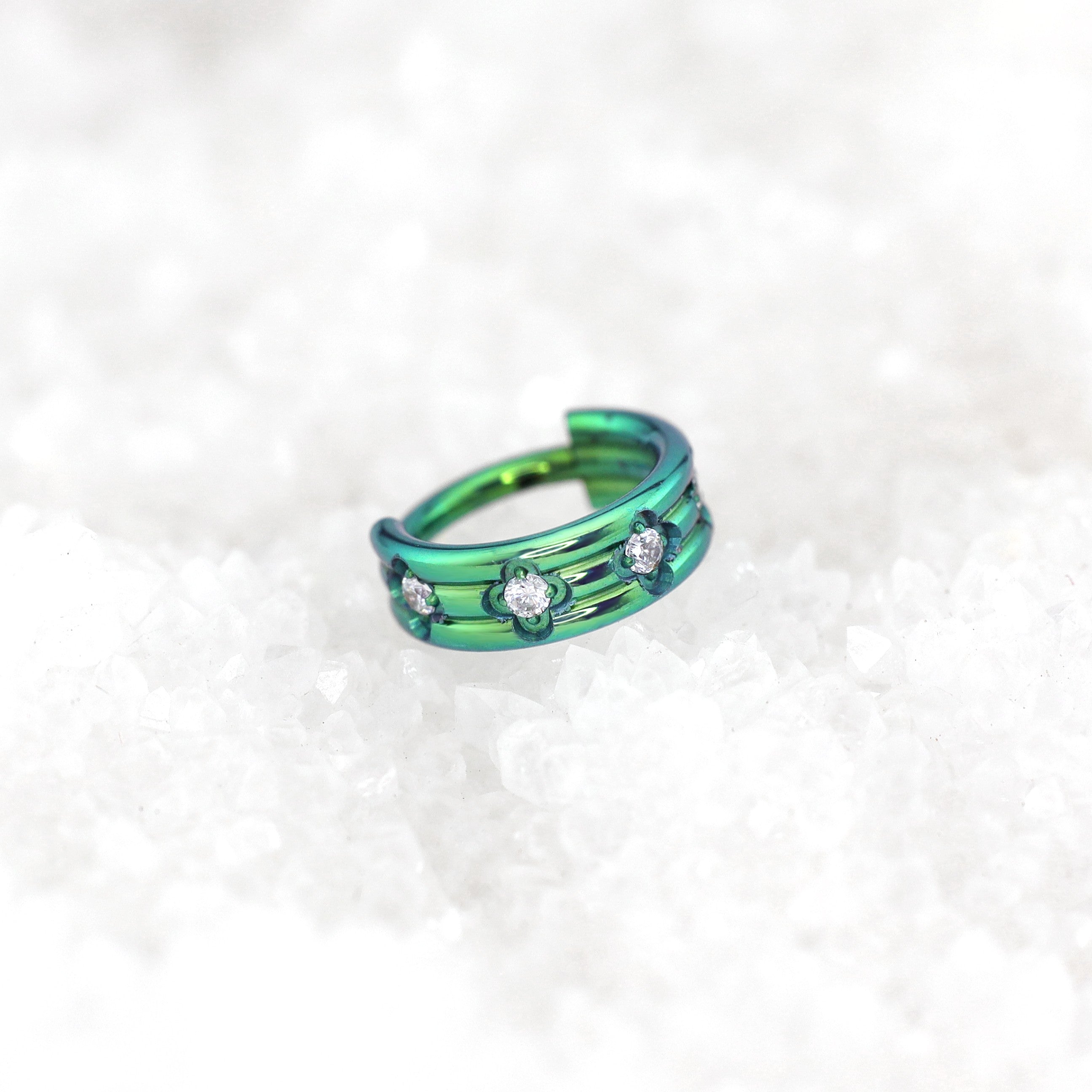 16G Three Row Triple Segment CZ Titanium Ring - 16G Three Row Triple Segment CZ Titanium Ring - Green by CRUXJEWELRY