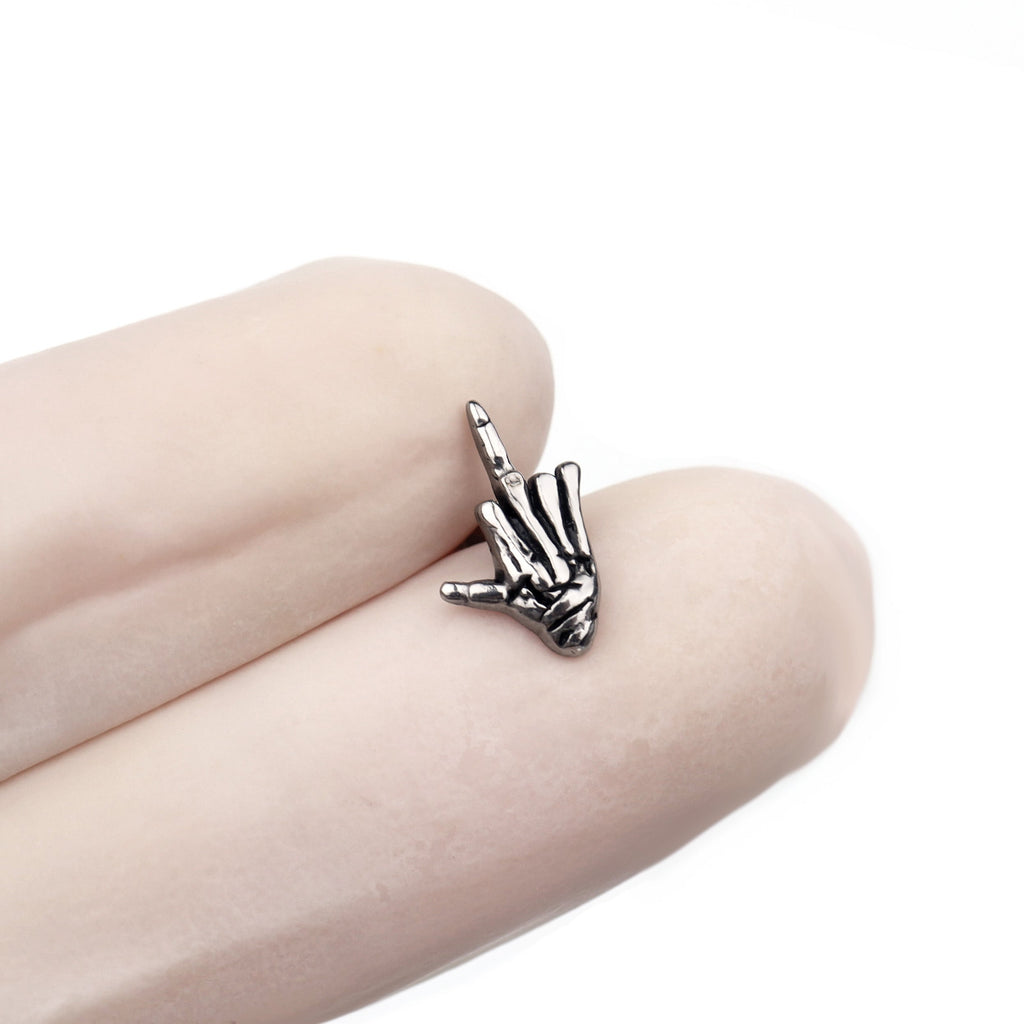 Skull Middle Finger Internally Threaded Stainless Steel Ear Studs - Skull Middle Finger Internally Threaded Stainless Steel Ear Studs - Single / 6mm by CRUXJEWELRY