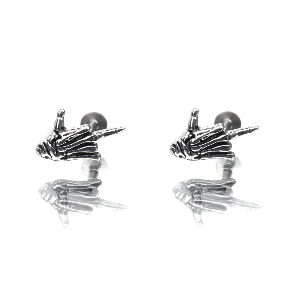 Skull Middle Finger Internally Threaded Stainless Steel Ear Studs - Skull Middle Finger Internally Threaded Stainless Steel Ear Studs - Set / 6mm by CRUXJEWELRY