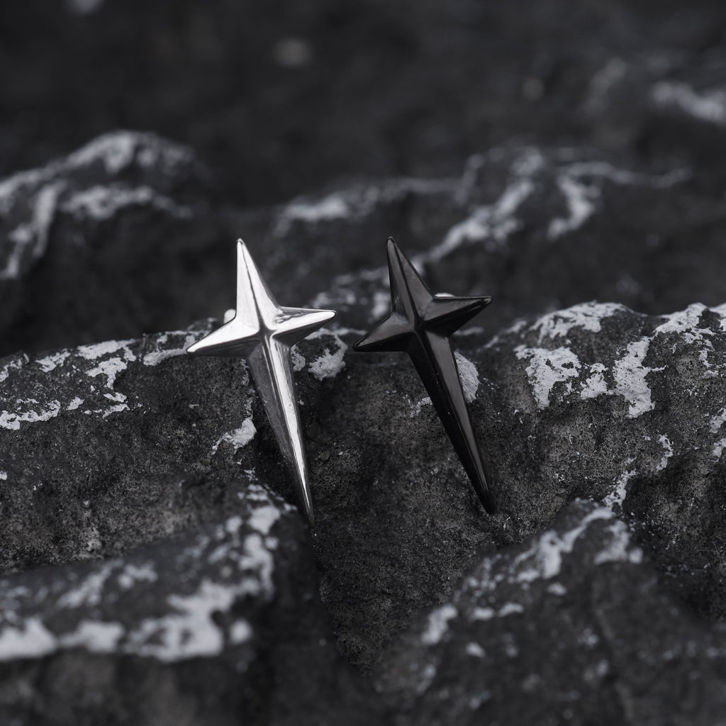 Large Black & White 3D Four-Point Star Externally Threaded Stainless Steel Ear Studs - Large Black & White 3D Four-Point Star Externally Threaded Stainless Steel Ear Studs - Set by CRUXJEWELRY