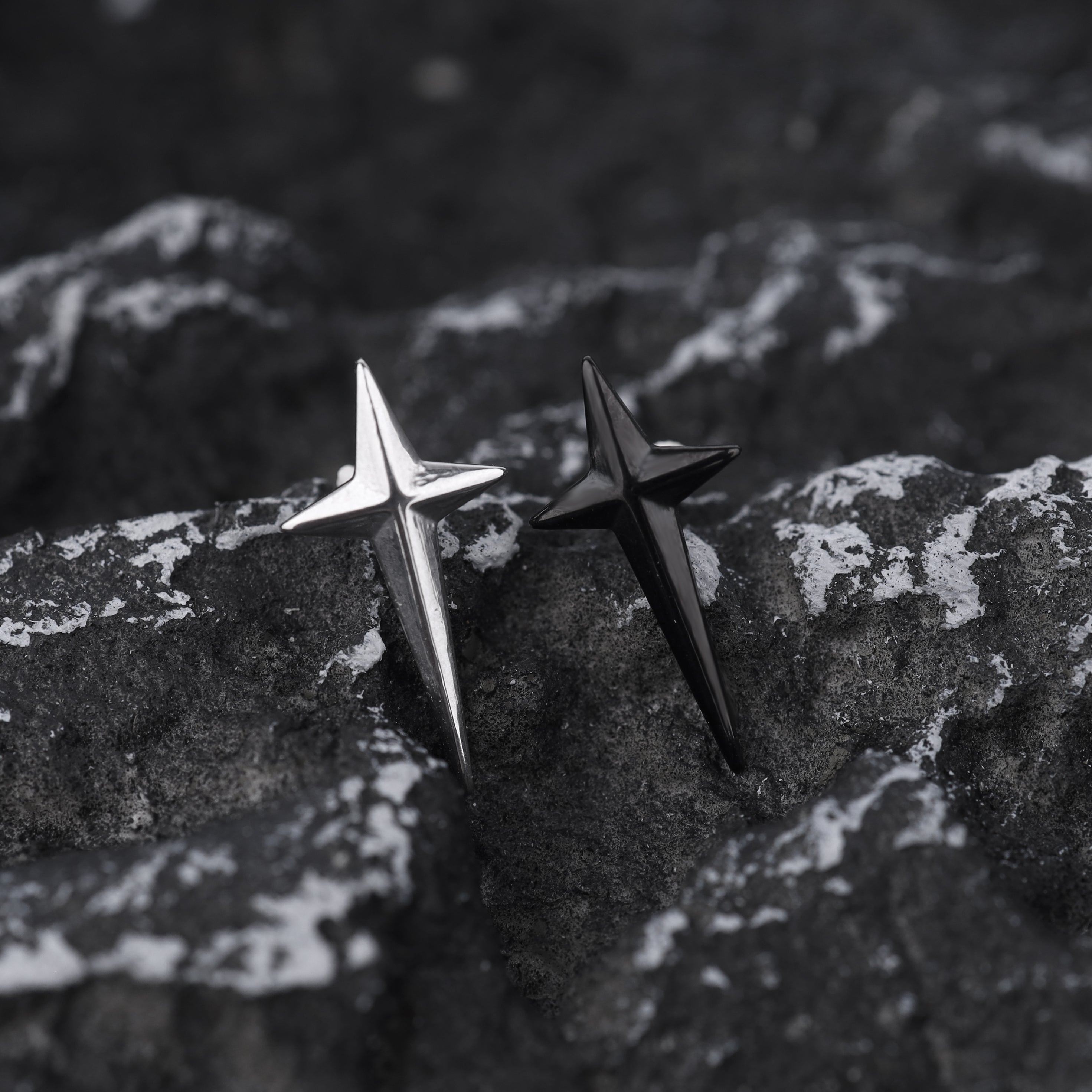 Large Black & White 3D Four-Point Star Externally Threaded Stainless Steel Ear Studs - Large Black & White 3D Four-Point Star Externally Threaded Stainless Steel Ear Studs - Set by CRUXJEWELRY