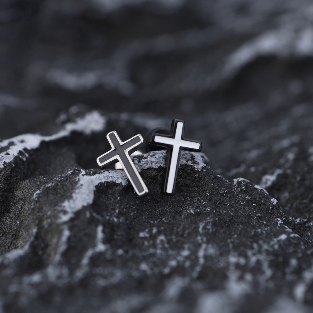 Black & White Oil Slick Cross Externally Threaded Stainless Steel Ear Studs - Black & White Oil Slick Cross Externally Threaded Stainless Steel Ear Studs - Set by CRUXJEWELRY