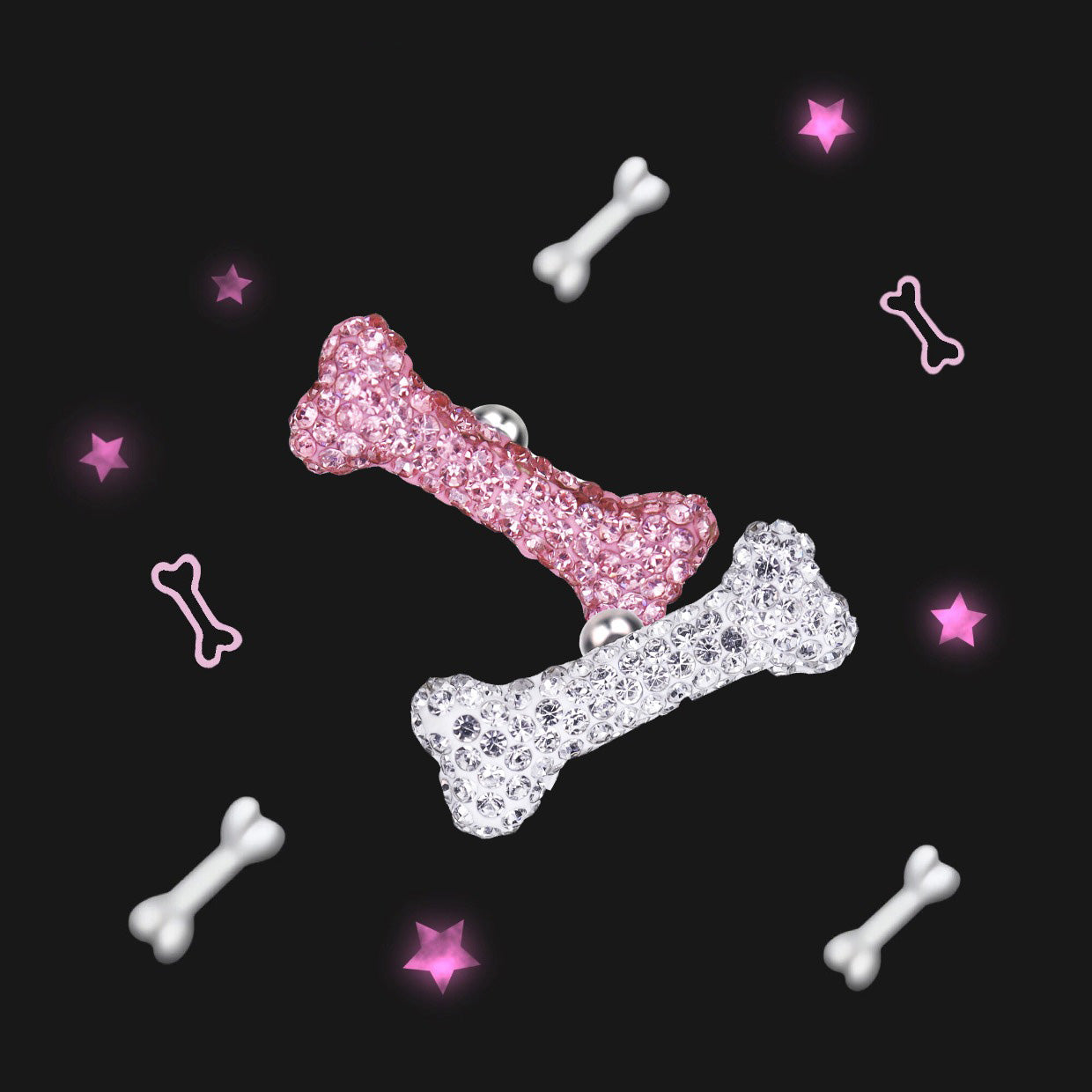 Paws & Purrs - Large Puppy's Bone Full Crystal Stainless Steel Ear Studs - Paws & Purrs - Large Puppy's Bone Full Crystal Stainless Steel Ear Studs - White / 0.8mm/20G by CRUXJEWELRY