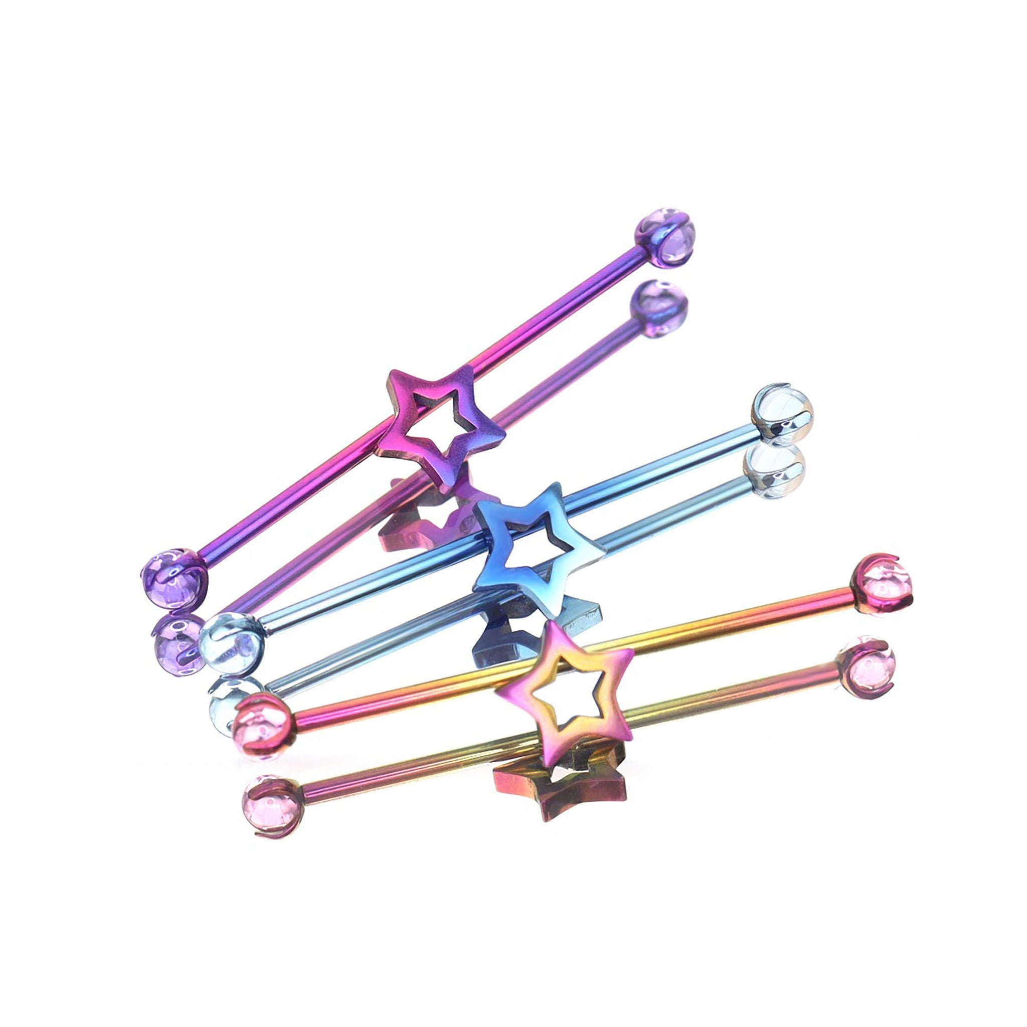 Openwork Pentagram CZ Titanium Industrial Barbell - Openwork Pentagram CZ Titanium Industrial Barbell - Pink-Yellow Gradient / 34mm by CRUXJEWELRY