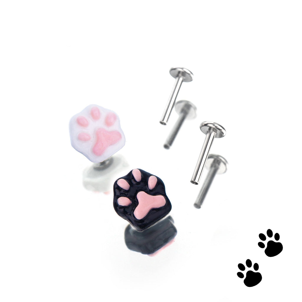 Paws & Purrs -Cute Kitten Claw Resin Flat-Back Tongue/Ear/Lip Stud - Paws & Purrs -Cute Kitten Claw Resin Flat-Back Tongue/Ear/Lip Stud - White-Pink / 6mm by CRUXJEWELRY