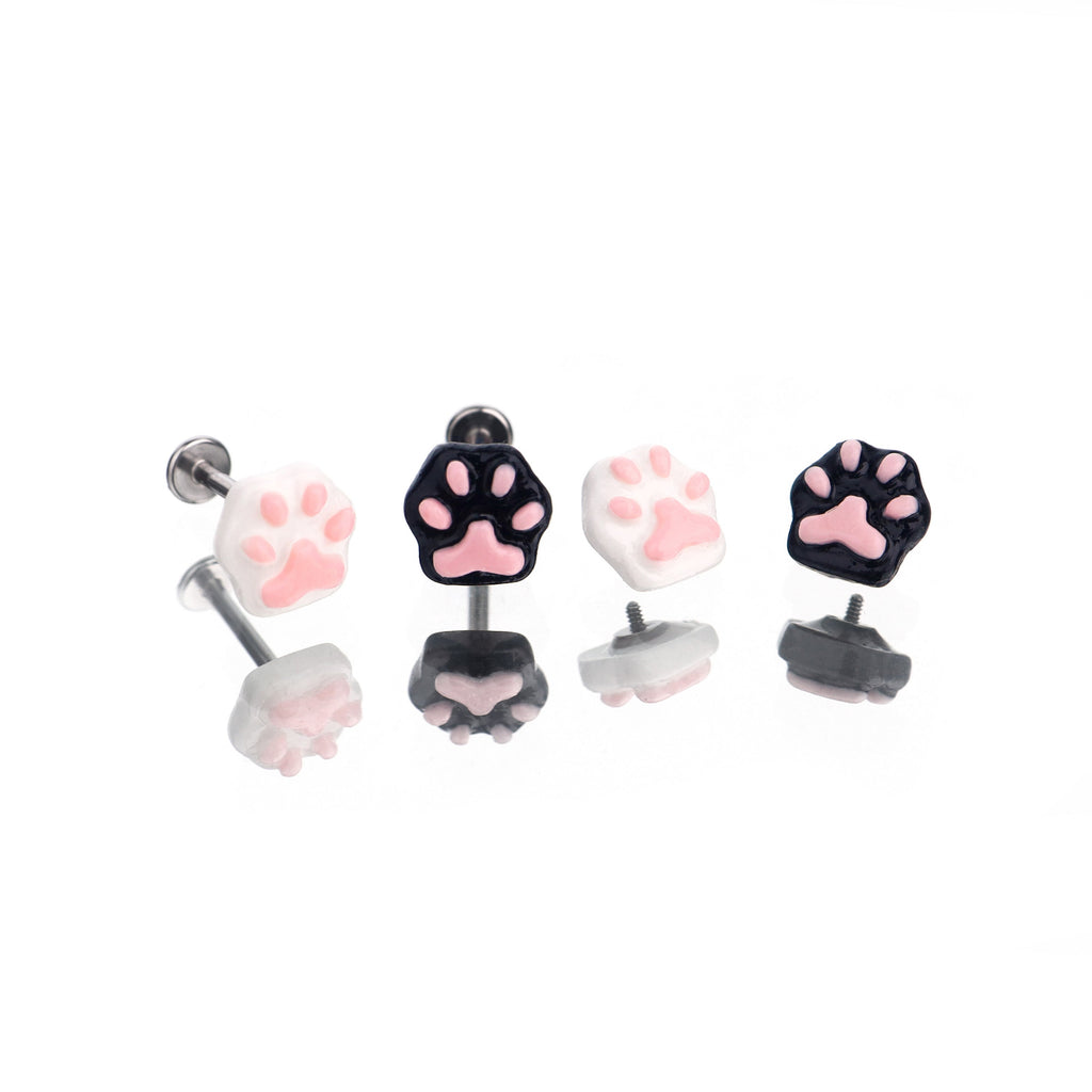 Paws & Purrs -Cute Kitten Claw Resin Flat-Back Tongue/Ear/Lip Stud - Paws & Purrs -Cute Kitten Claw Resin Flat-Back Tongue/Ear/Lip Stud - White-Pink / 6mm by CRUXJEWELRY