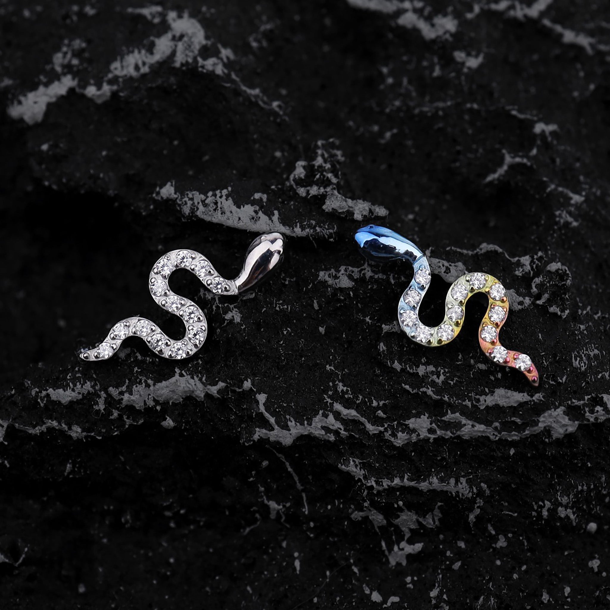 Curved Snake CZ Internally Threaded Titanium Ear Studs - Curved Snake CZ Internally Threaded Titanium Ear Studs - Sliver / 6mm by CRUXJEWELRY