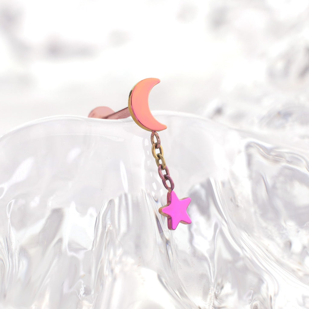 Moon & Star Dangle Titanium Ear Studs - Moon & Star Dangle Titanium Ear Studs - Pink-Yellow Gradient / 6mm by CRUXJEWELRY