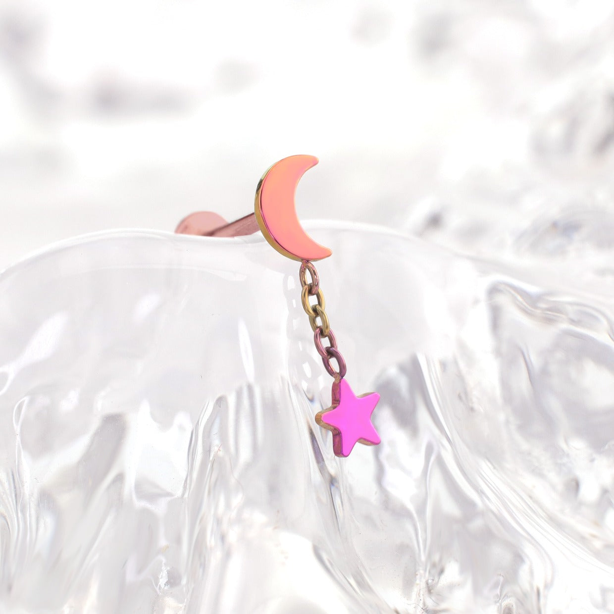Moon & Star Dangle Titanium Ear Studs - Moon & Star Dangle Titanium Ear Studs - Pink-Yellow Gradient / 6mm by CRUXJEWELRY