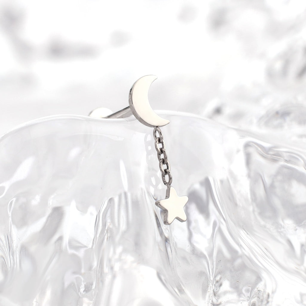Moon & Star Dangle Titanium Ear Studs - Moon & Star Dangle Titanium Ear Studs - Moonlight White / 6mm by CRUXJEWELRY