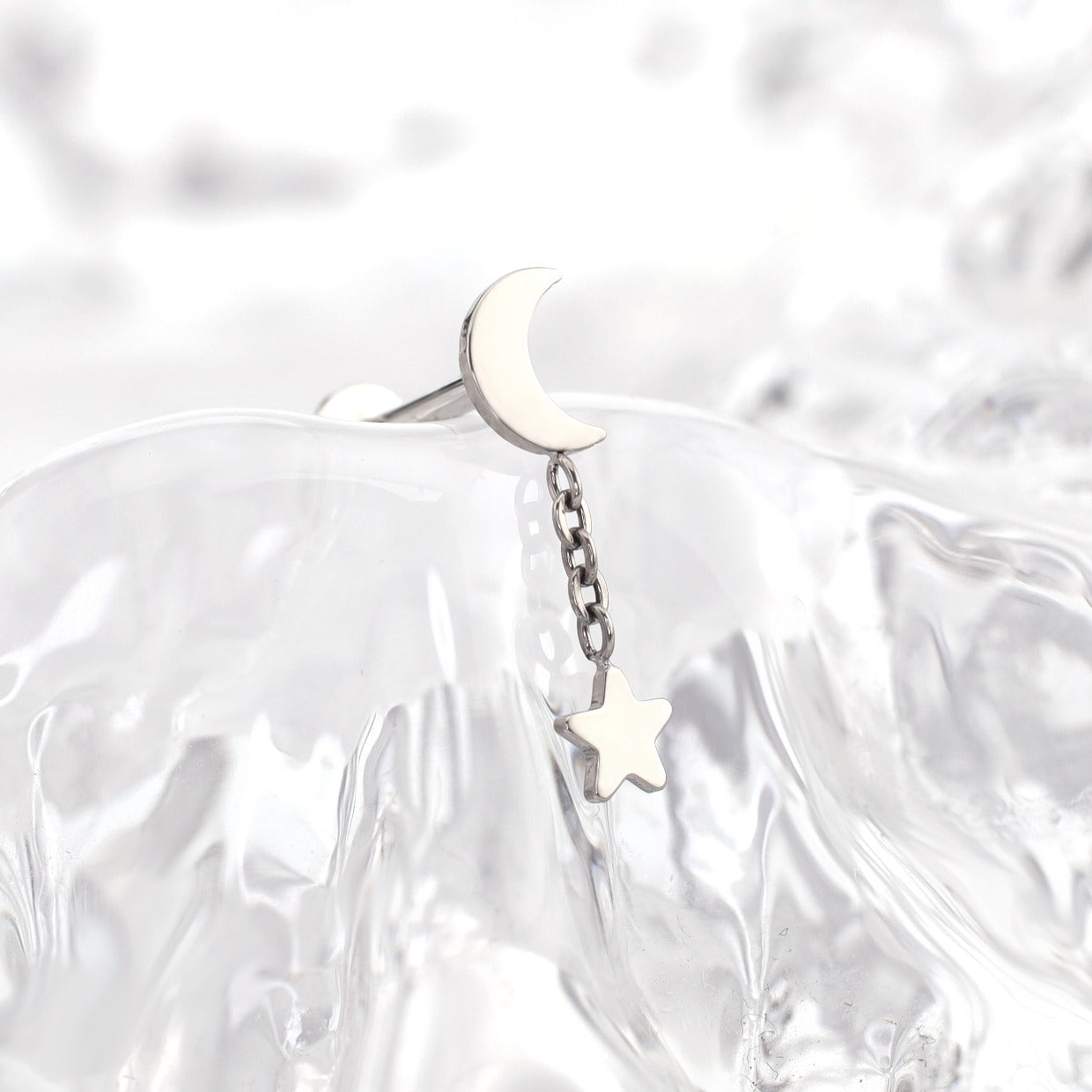 Moon & Star Dangle Titanium Ear Studs - Moon & Star Dangle Titanium Ear Studs - Moonlight White / 6mm by CRUXJEWELRY