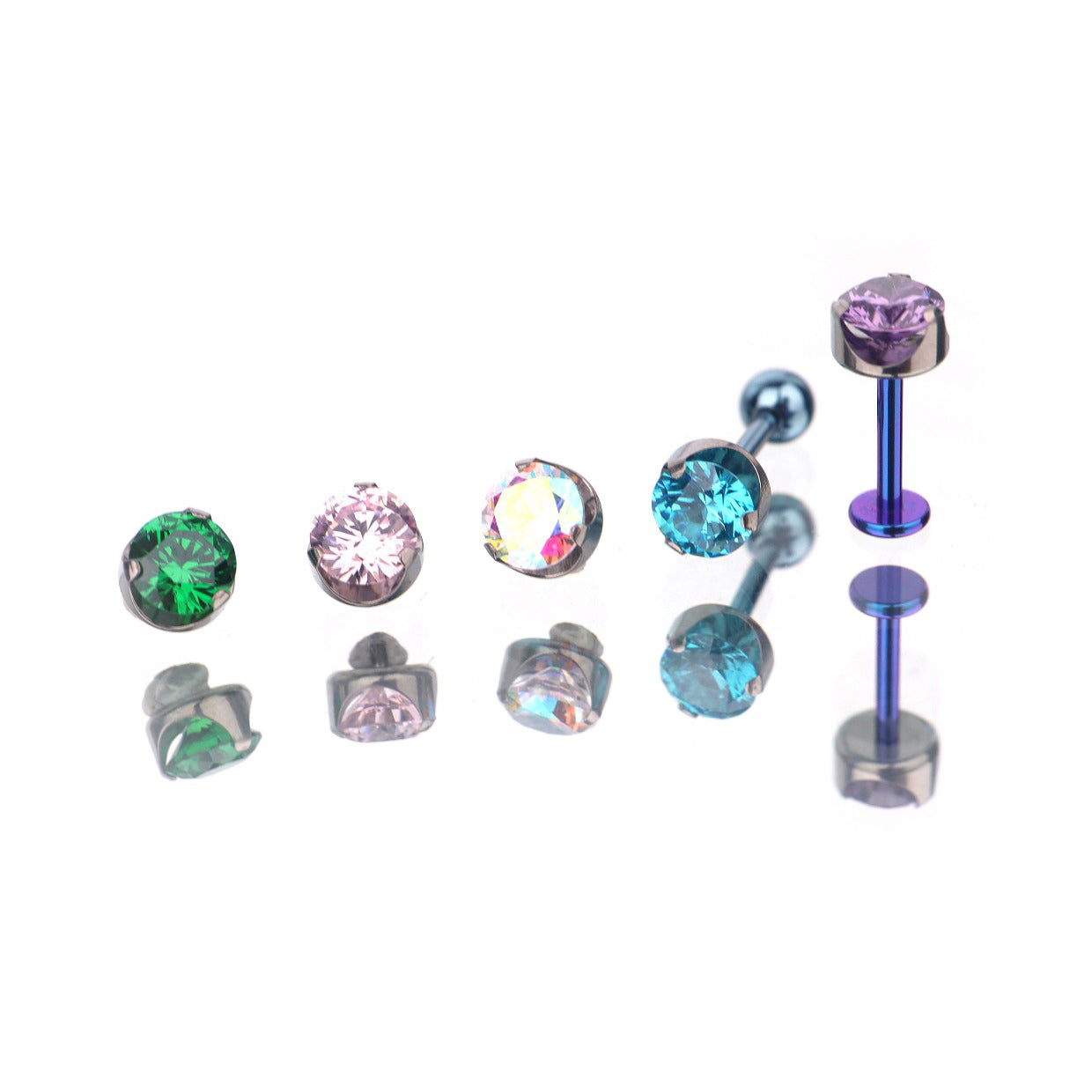 Wave Bezel-Set CZ Titanium Ear Studs - Wave Bezel-Set CZ Titanium Ear Studs - Pink / 4mm / 6mm by CRUXJEWELRY