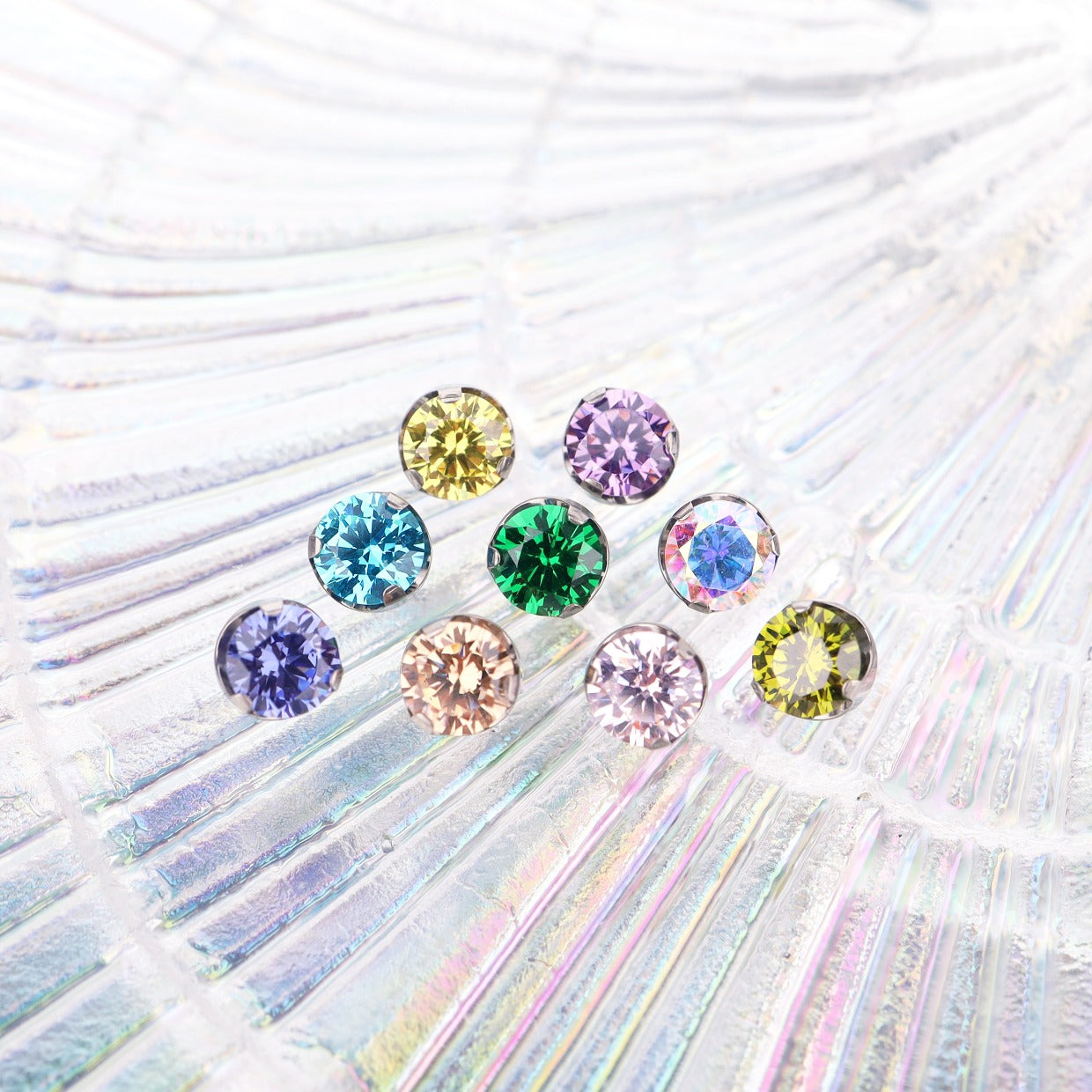 Wave Bezel-Set CZ Titanium Ear Studs - Wave Bezel-Set CZ Titanium Ear Studs - Pink / 4mm / 6mm by CRUXJEWELRY