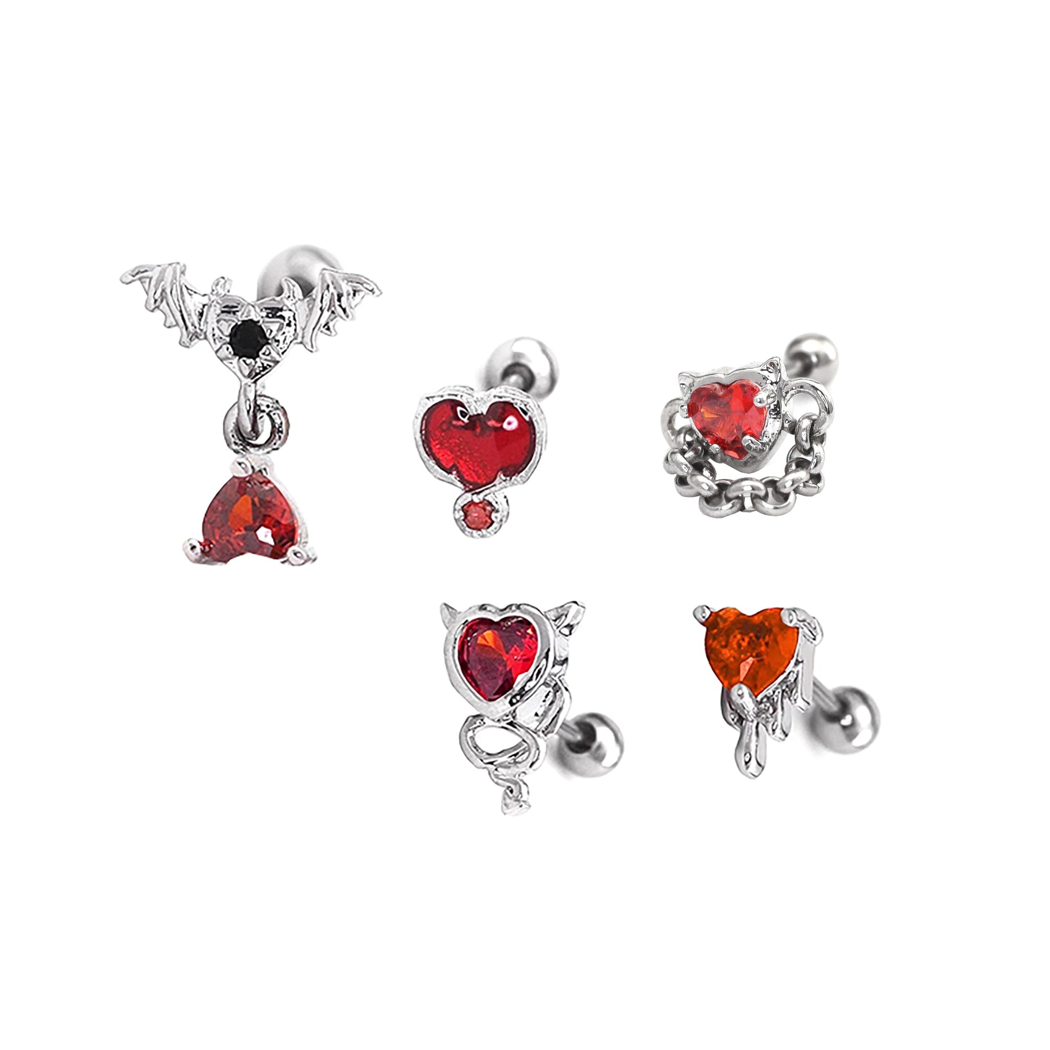 5PCS Red CZ Demon Stainless Steel Ear Studs SET - 5PCS Red CZ Demon Stainless Steel Ear Studs SET - Default Title by CRUXJEWELRY