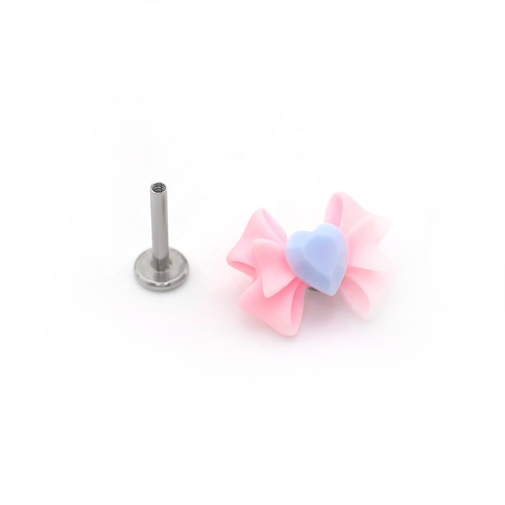 Resin Pink & Blue Contrast Heart Bow Stainless Steel Ear Studs - Resin Pink & Blue Contrast Heart Bow Stainless Steel Ear Studs - Single / 6mm by CRUXJEWELRY