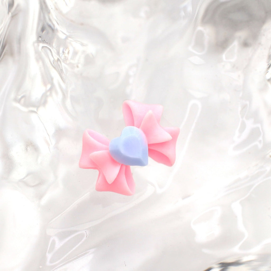 Resin Pink & Blue Contrast Heart Bow Stainless Steel Ear Studs - Resin Pink & Blue Contrast Heart Bow Stainless Steel Ear Studs - Single / 6mm by CRUXJEWELRY
