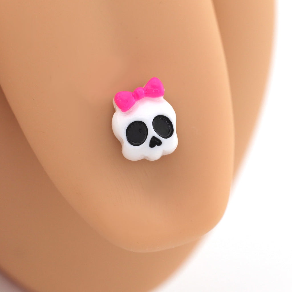 Hallowmas - Playful Skull & Bow Helix Tongue Studs - Hallowmas - Playful Skull & Bow Helix Tongue Studs - 0.8mm/20G / 12mm by CRUXJEWELRY