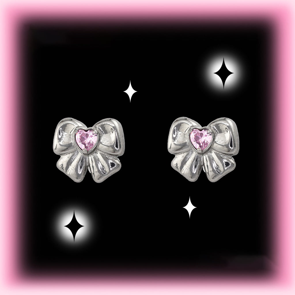 Cute Heart CZ Bow Titanium Ear Studs - Cute Heart CZ Bow Titanium Ear Studs - Pink / Set(2PCS) / 6mm by CRUXJEWELRY