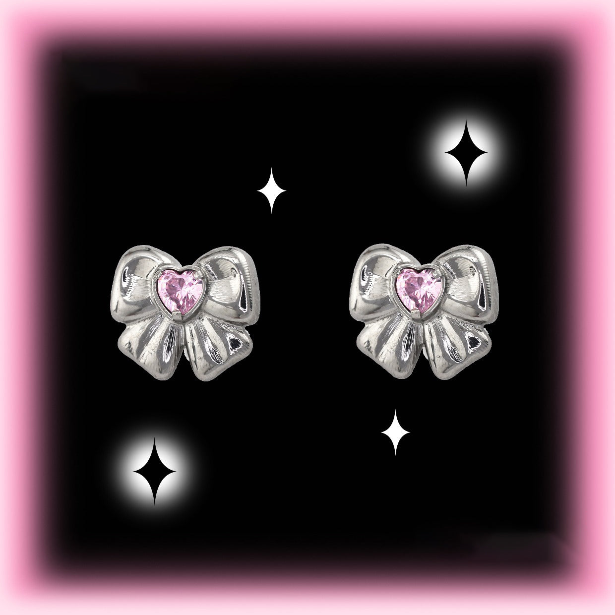 Cute Heart CZ Bow Titanium Ear Studs - Cute Heart CZ Bow Titanium Ear Studs - Pink / Set(2PCS) / 6mm by CRUXJEWELRY