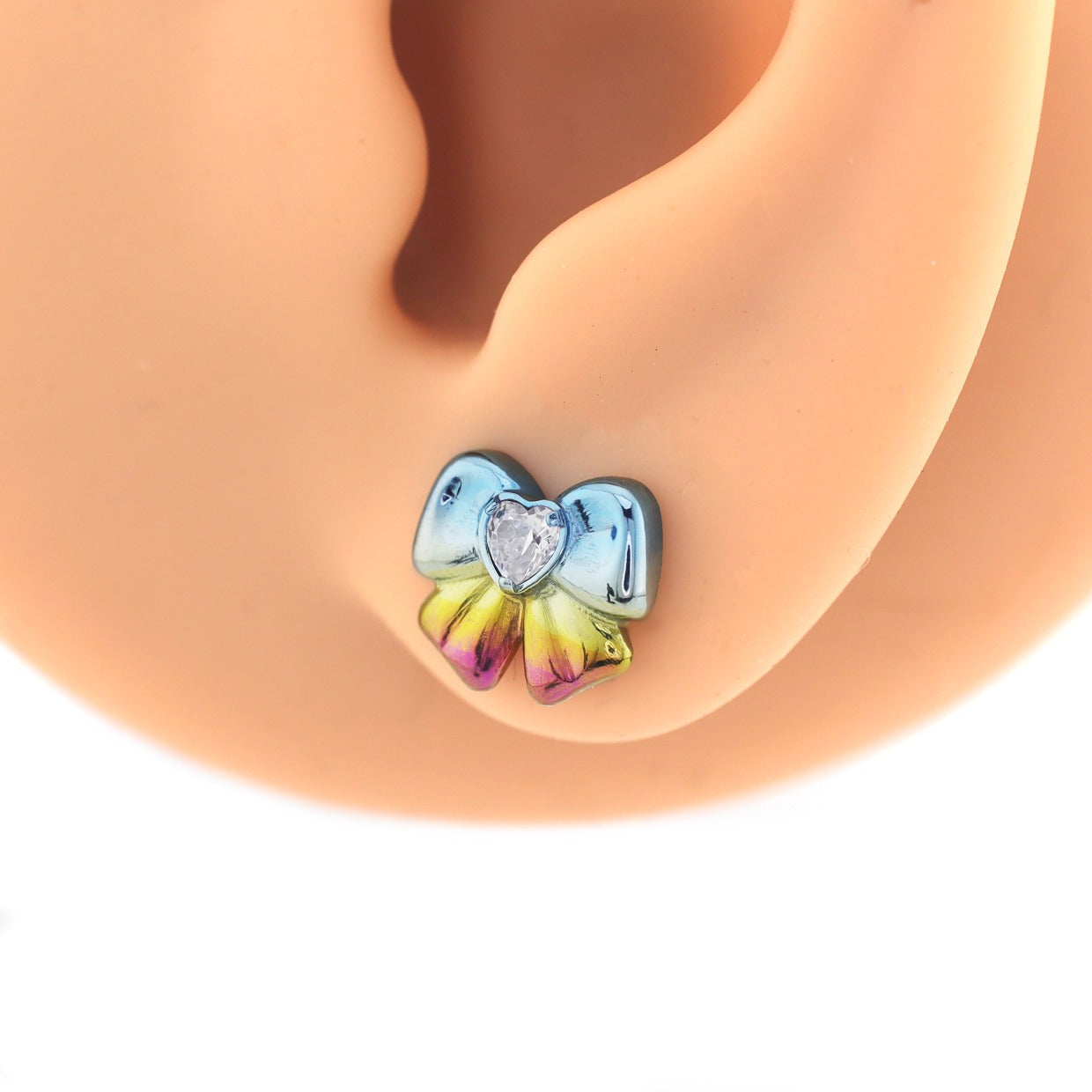 Cute Heart CZ Bow Titanium Ear Studs - Cute Heart CZ Bow Titanium Ear Studs - Pink / Single / 6mm by CRUXJEWELRY