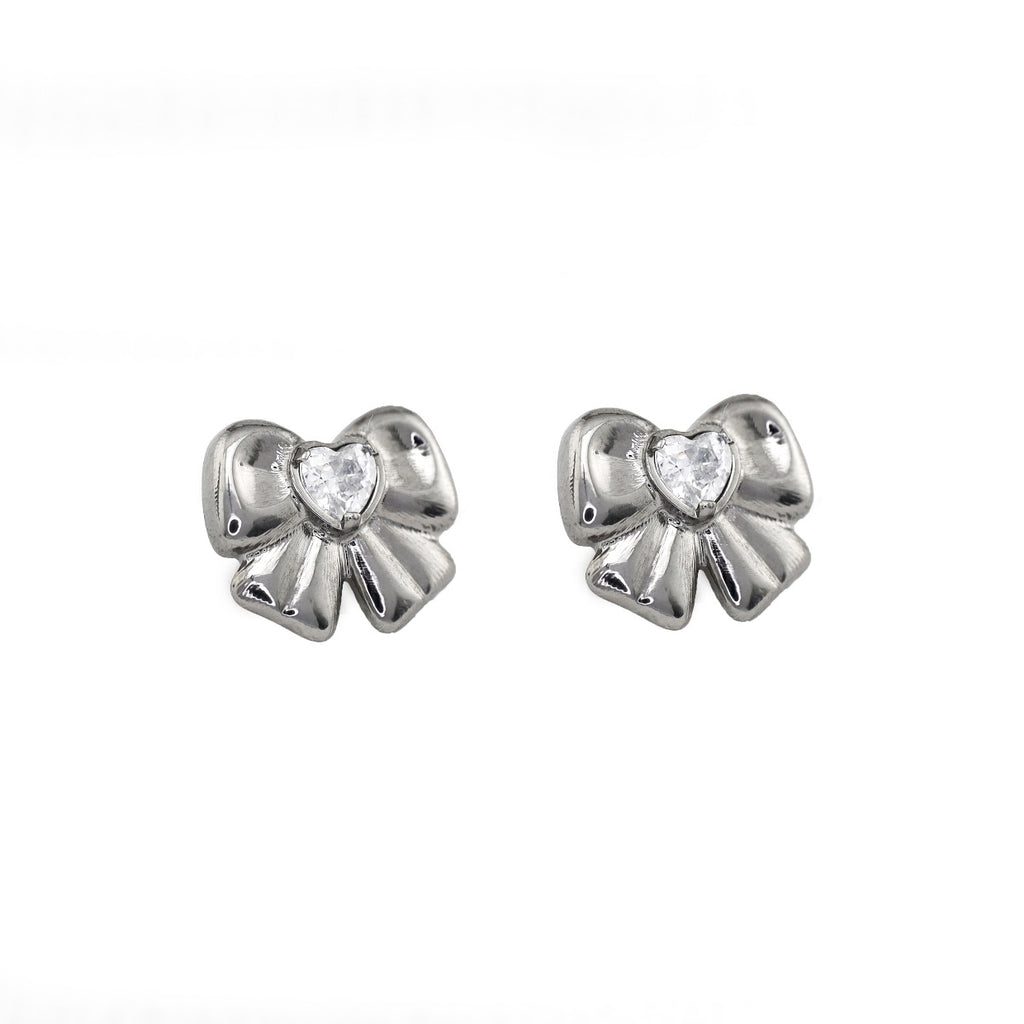 Cute Heart CZ Bow Titanium Ear Studs - Cute Heart CZ Bow Titanium Ear Studs - White / Set(2PCS) / 6mm by CRUXJEWELRY