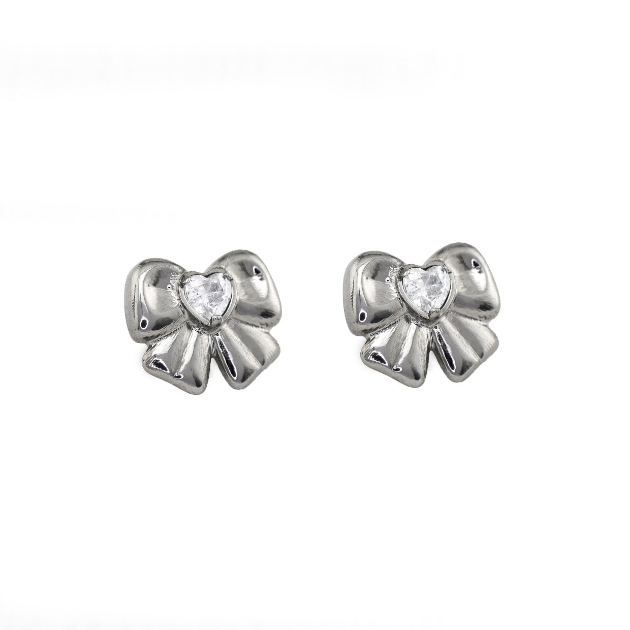 Cute Heart CZ Bow Titanium Ear Studs - Cute Heart CZ Bow Titanium Ear Studs - White / Set(2PCS) / 6mm by CRUXJEWELRY
