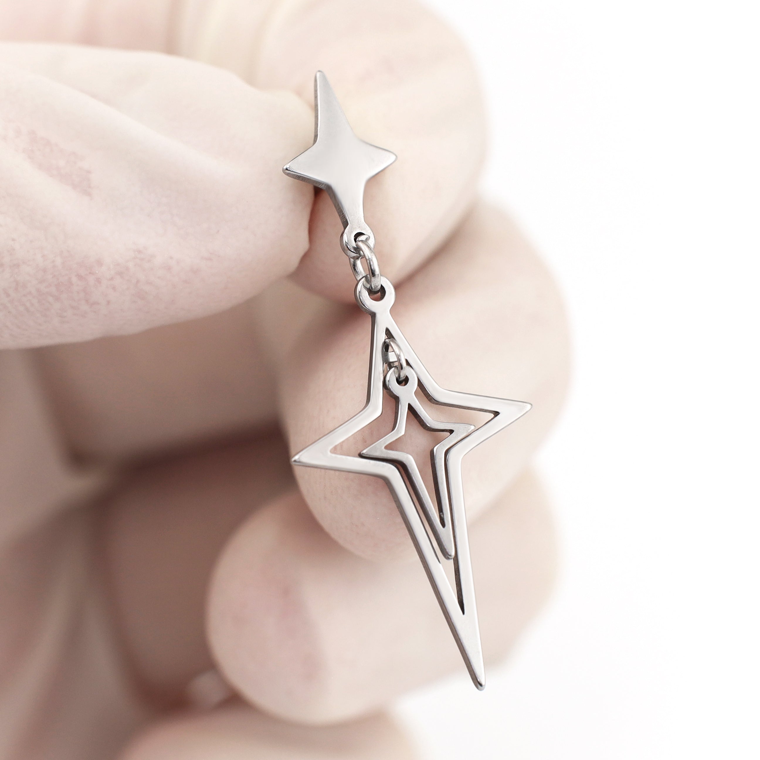 Double Layer Openwork Four-Point Star Dangle Stainless Steel Ear Studs - Double Layer Openwork Four-Point Star Dangle Stainless Steel Ear Studs - Single by CRUXJEWELRY