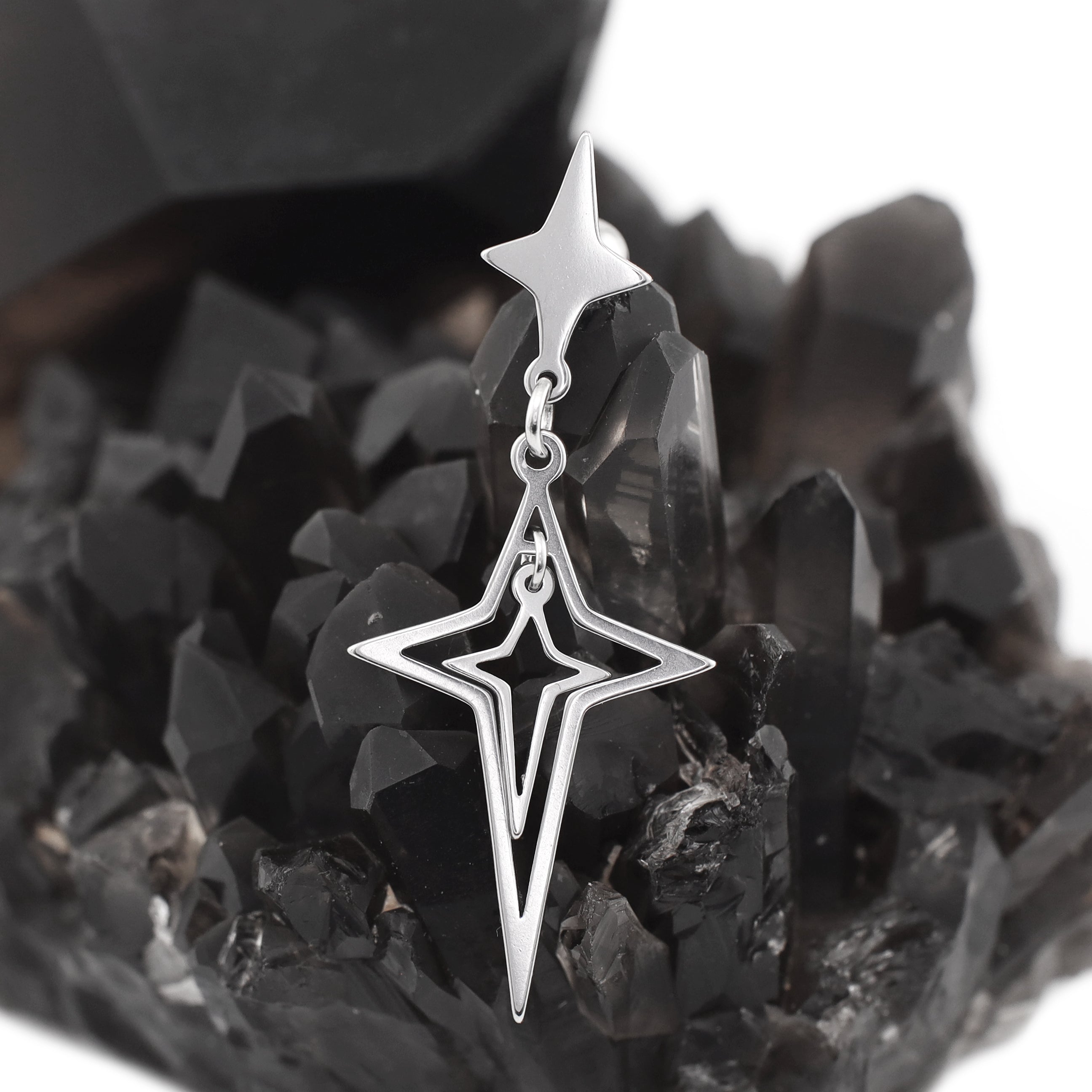 Double Layer Openwork Four-Point Star Dangle Stainless Steel Ear Studs - Double Layer Openwork Four-Point Star Dangle Stainless Steel Ear Studs - Single by CRUXJEWELRY