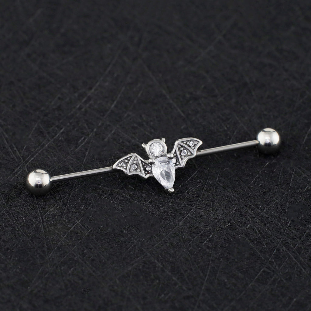 Engraved Crystal Bat Stainless Steel Industrial Barbell - Engraved Crystal Bat Stainless Steel Industrial Barbell - Default Title by CRUXJEWELRY
