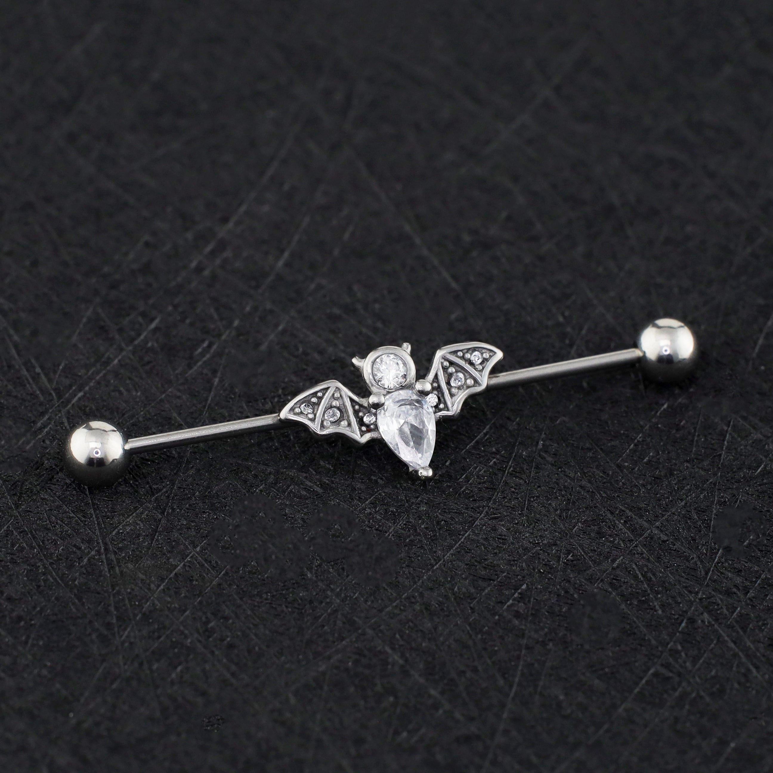 Engraved Crystal Bat Stainless Steel Industrial Barbell - Engraved Crystal Bat Stainless Steel Industrial Barbell - Default Title by CRUXJEWELRY
