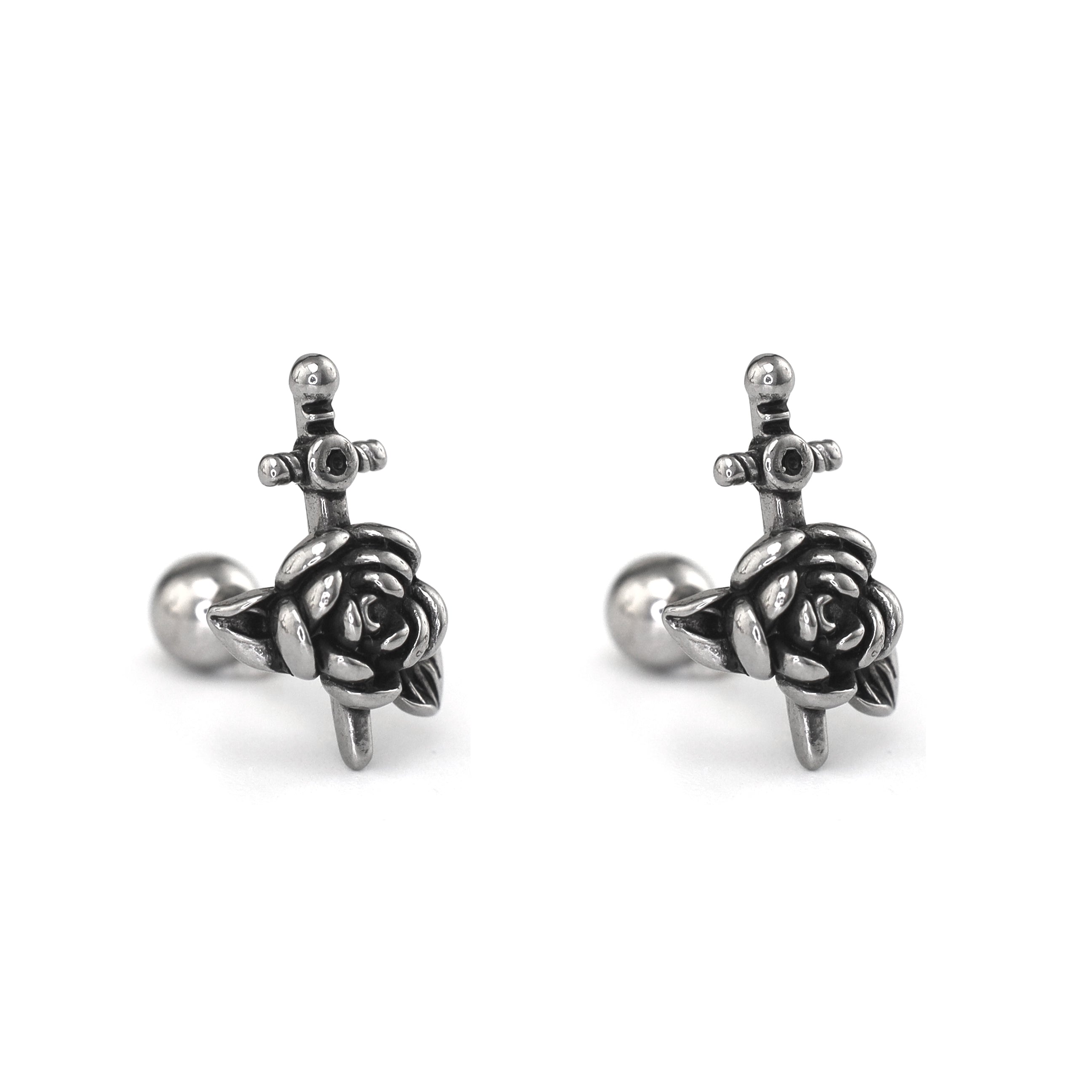 3D Dagger & Rose Stainless Steel Ear Studs - 3D Dagger & Rose Stainless Steel Ear Studs - Single by CRUXJEWELRY