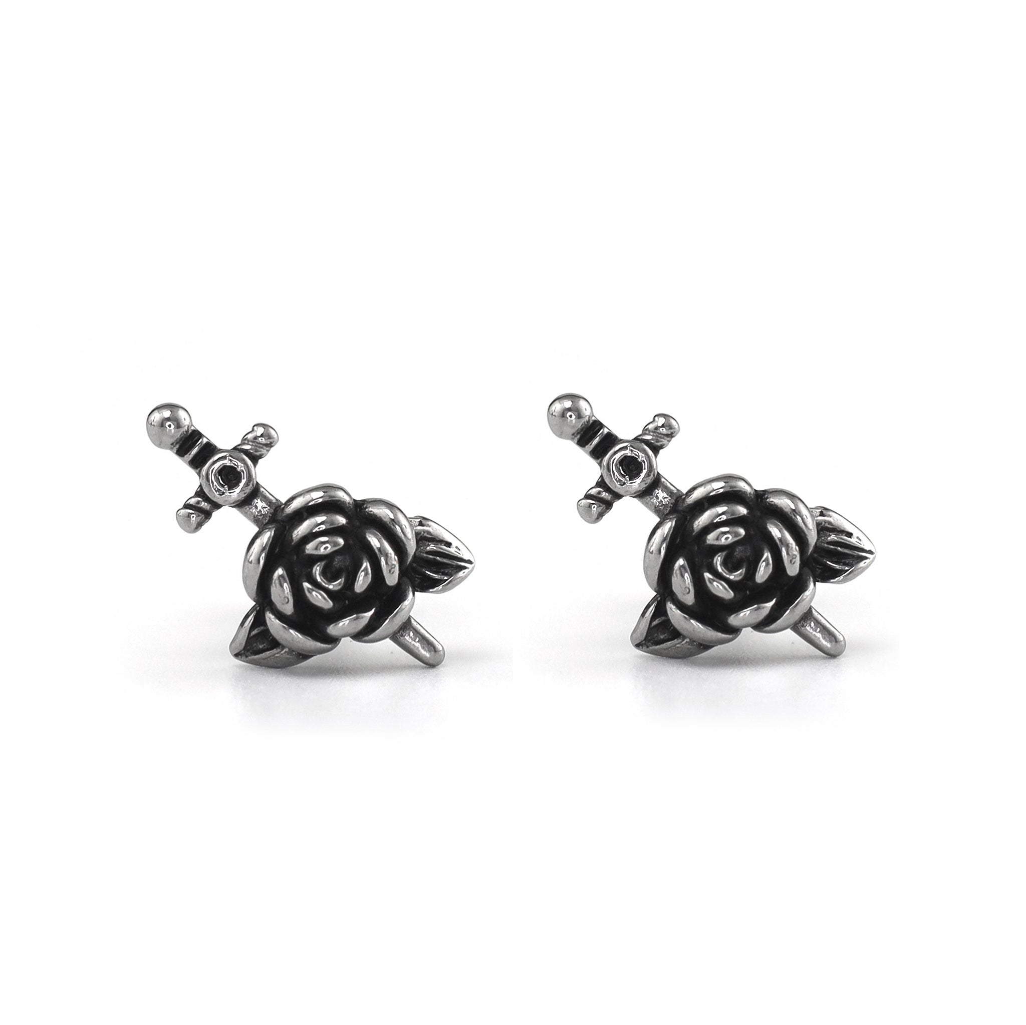 3D Dagger & Rose Stainless Steel Ear Studs - 3D Dagger & Rose Stainless Steel Ear Studs - Set by CRUXJEWELRY
