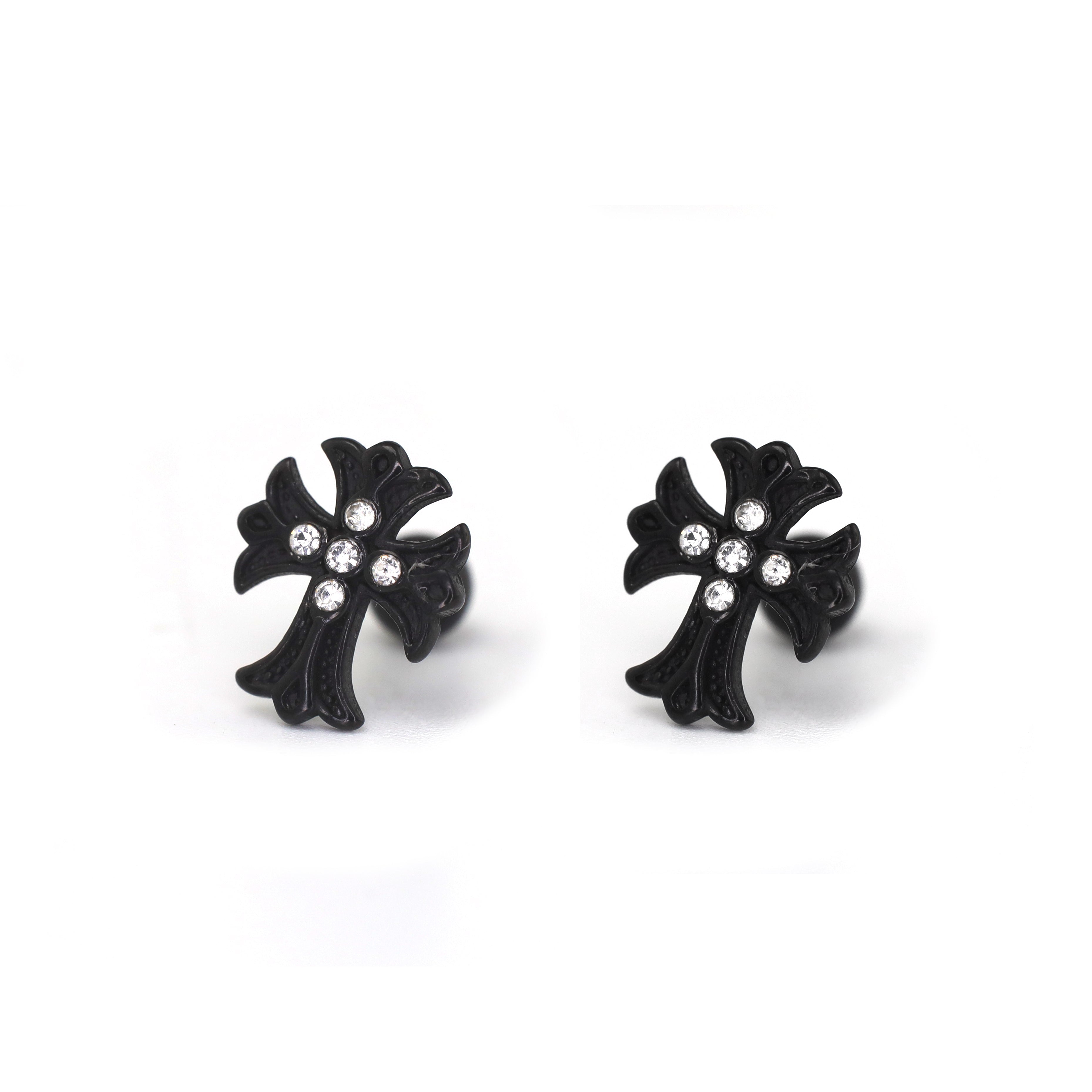 PAIR OF 16G CZ Chrome Hearts Style Cross Stainless Steel Ear Studs - PAIR OF 16G CZ Chrome Hearts Style Cross Stainless Steel Ear Studs - Pair of Black by CRUXJEWELRY