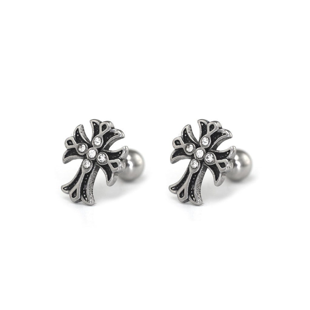 PAIR OF 16G CZ Chrome Hearts Style Cross Stainless Steel Ear Studs - PAIR OF 16G CZ Chrome Hearts Style Cross Stainless Steel Ear Studs - Pair of White by CRUXJEWELRY