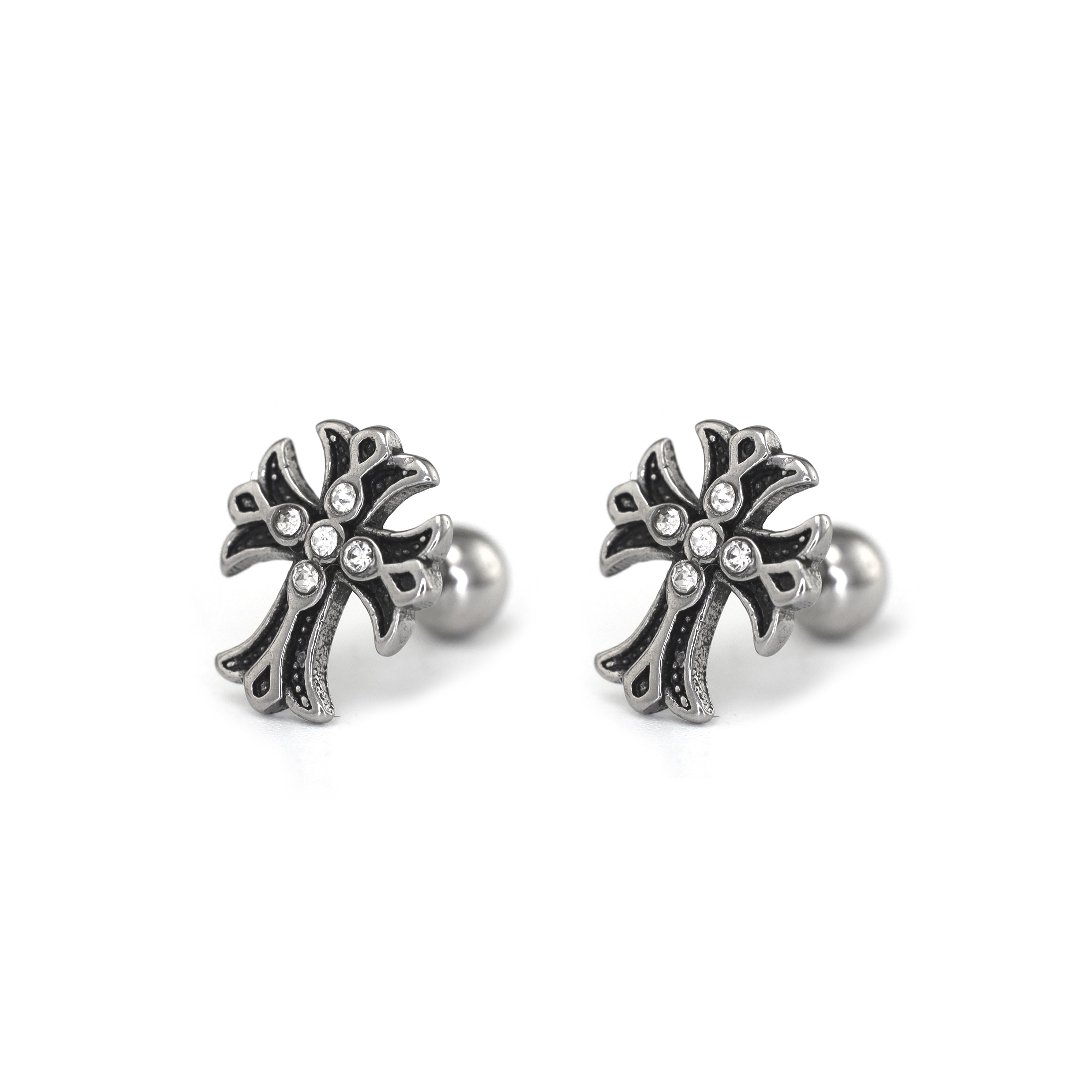 PAIR OF 16G CZ Chrome Hearts Style Cross Stainless Steel Ear Studs - PAIR OF 16G CZ Chrome Hearts Style Cross Stainless Steel Ear Studs - Pair of White by CRUXJEWELRY