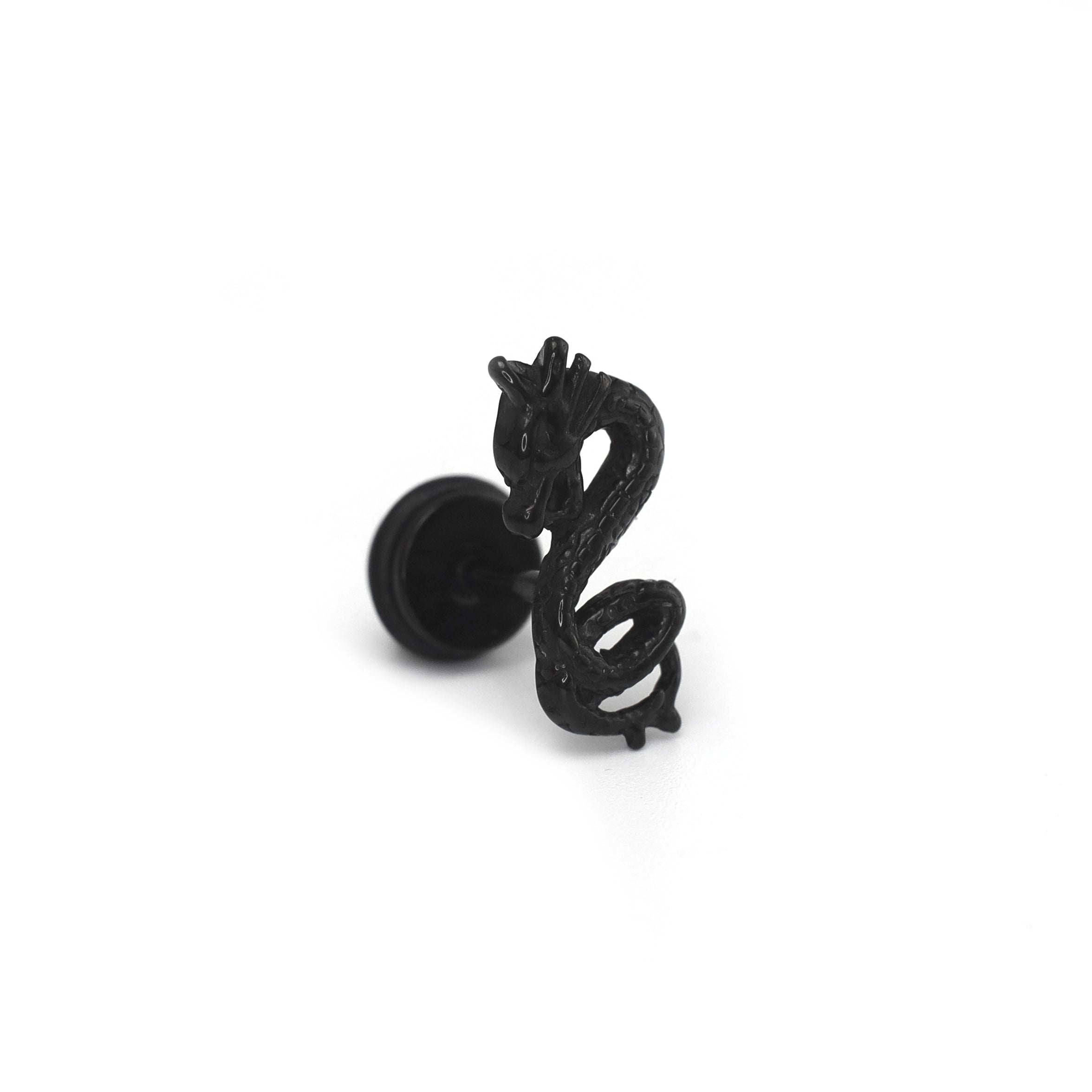 PAIR OF Engraved Dragon Silver & Black Externally Threaded Stainless Steel Ear Studs - PAIR OF Engraved Dragon Silver & Black Externally Threaded Stainless Steel Ear Studs - Pair of Silver by CRUXJEWELRY