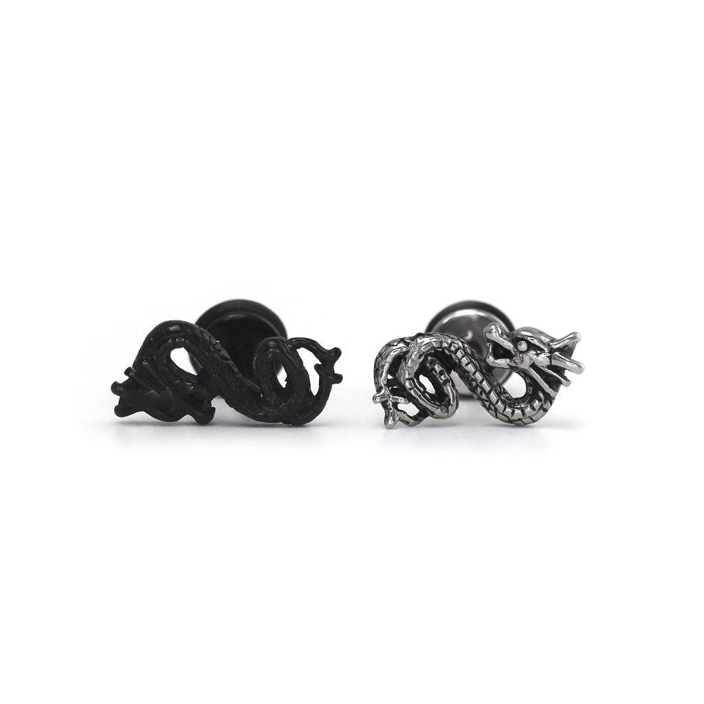PAIR OF Engraved Dragon Silver & Black Externally Threaded Stainless Steel Ear Studs - PAIR OF Engraved Dragon Silver & Black Externally Threaded Stainless Steel Ear Studs - Set by CRUXJEWELRY
