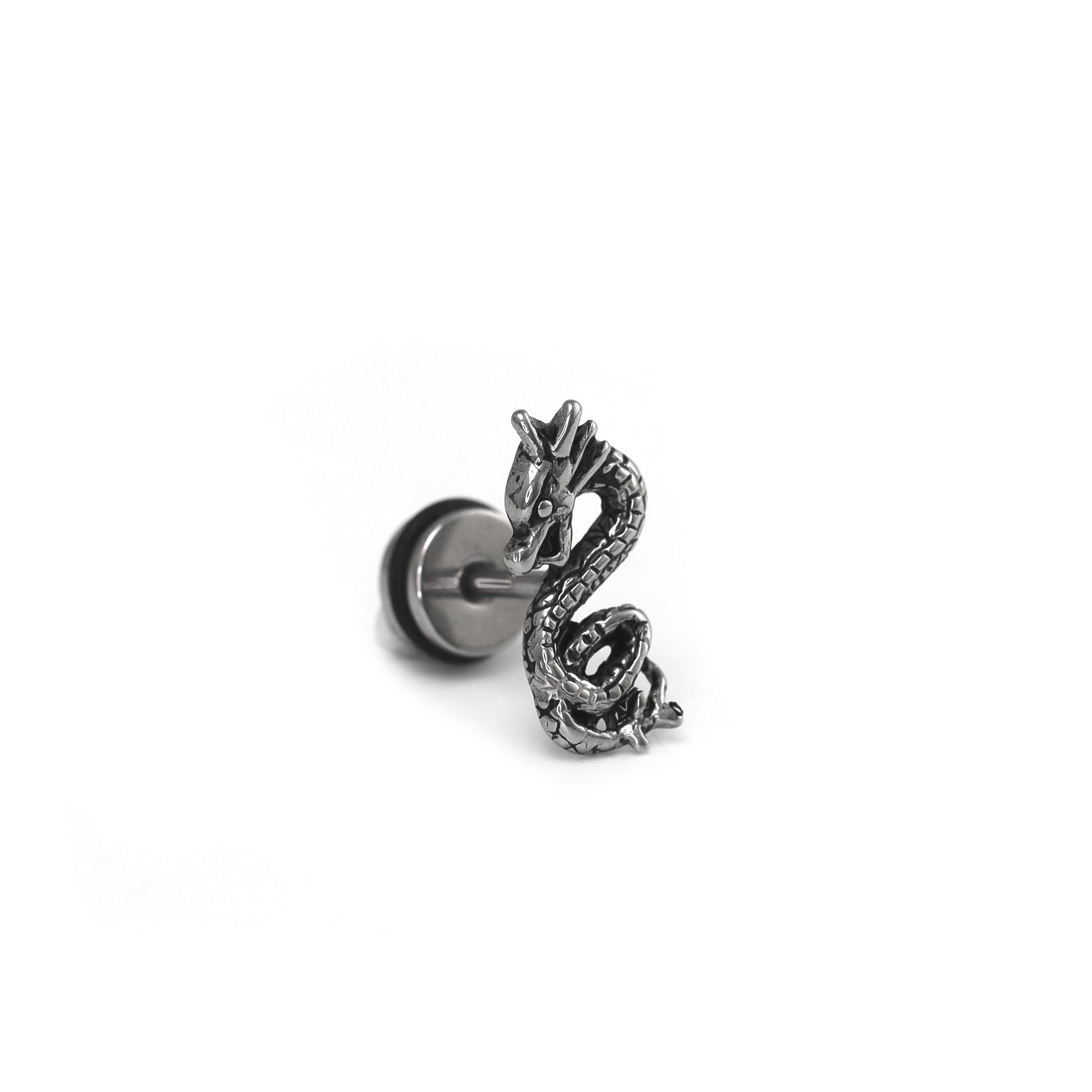 PAIR OF Engraved Dragon Silver & Black Externally Threaded Stainless Steel Ear Studs - PAIR OF Engraved Dragon Silver & Black Externally Threaded Stainless Steel Ear Studs - Pair of Silver by CRUXJEWELRY