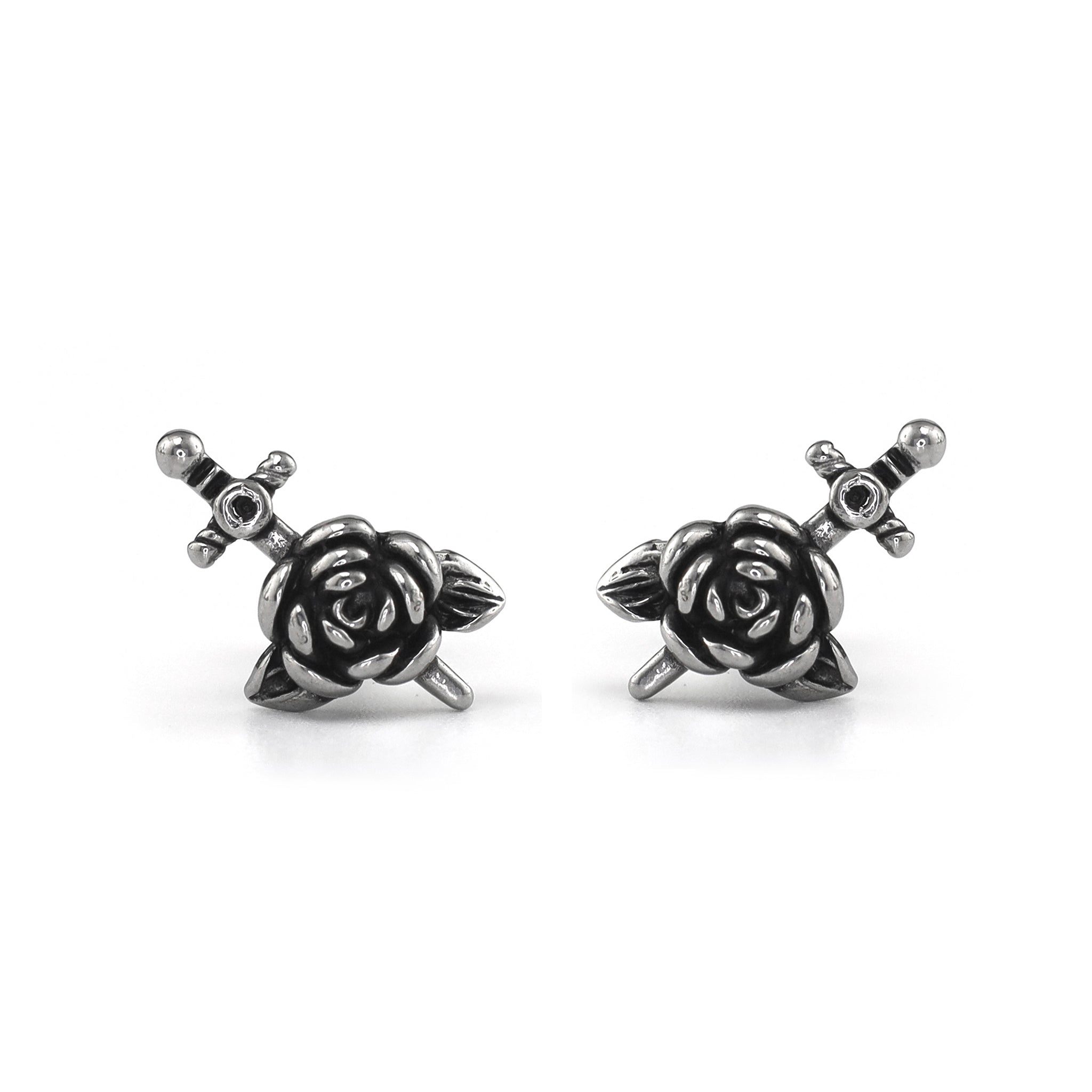 3D Dagger & Rose Stainless Steel Ear Studs - 3D Dagger & Rose Stainless Steel Ear Studs - Single by CRUXJEWELRY