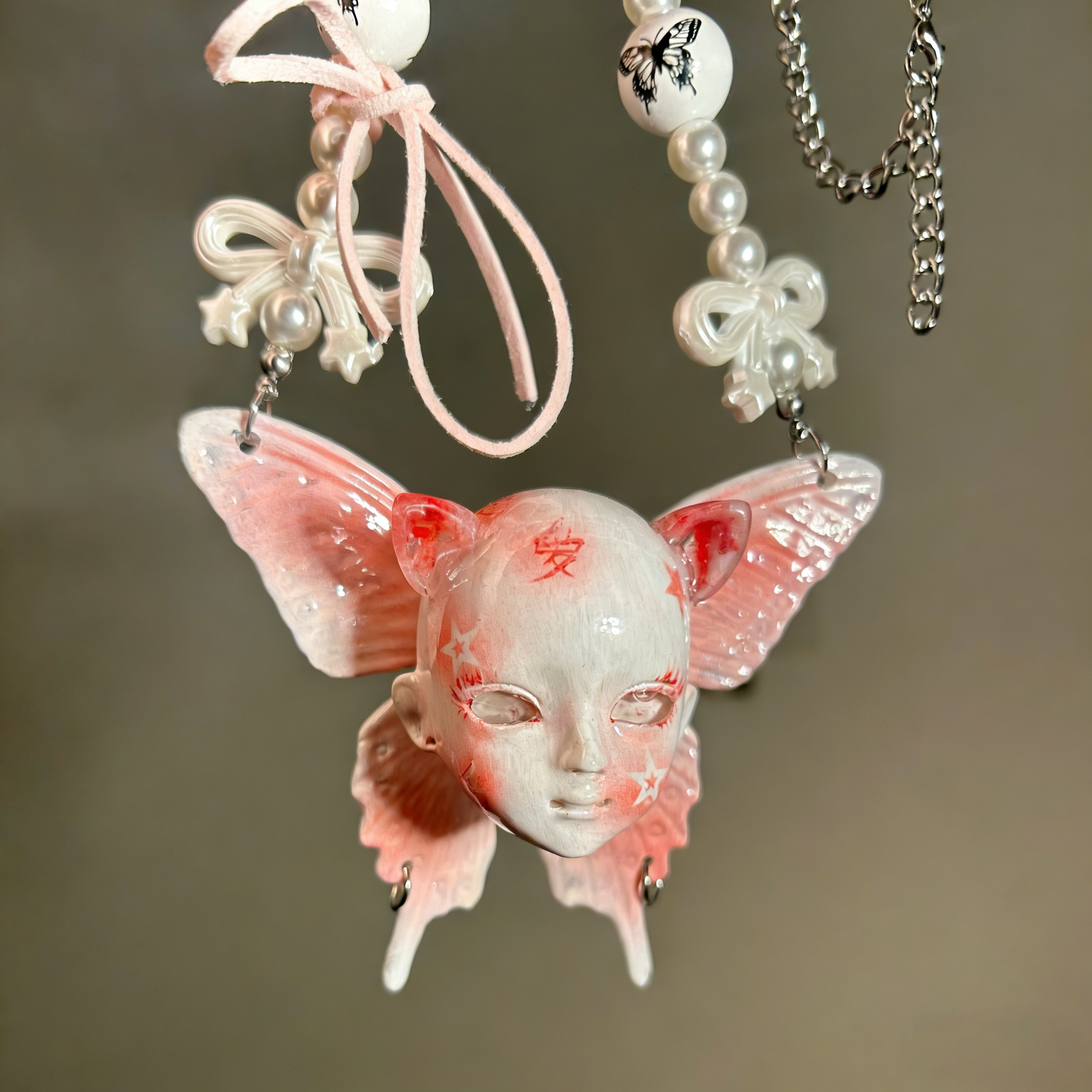 Coquette Pink Butterfly Doll Face Pearl Necklace with Silver Bows & Ribbons