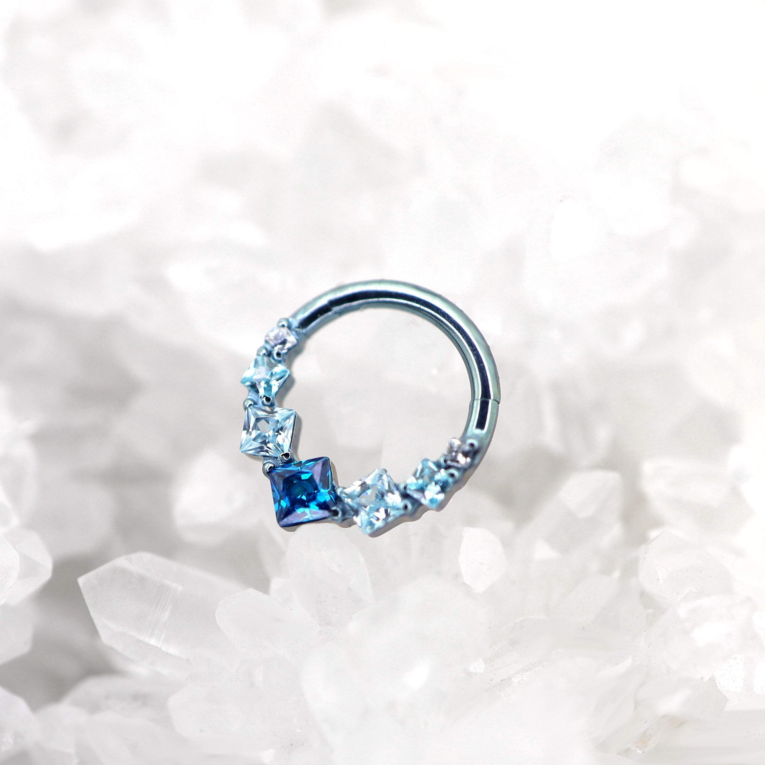 Square-Shaped Rainbow CZ Titanium Segment Hoop - Square-Shaped Rainbow CZ Titanium Segment Hoop - Blue by CRUXJEWELRY